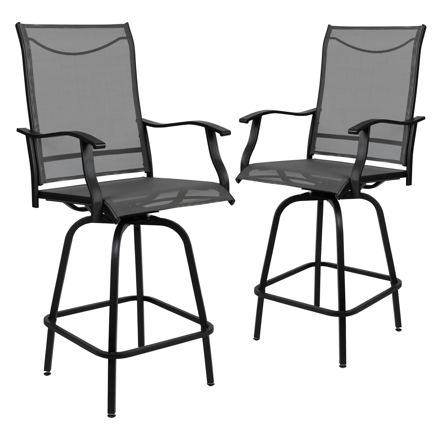 Valerie Patio Bar Height Stools Set of 2, All-Weather Textilene Swivel Patio Stools with High Back & Armrests in Gray Gray