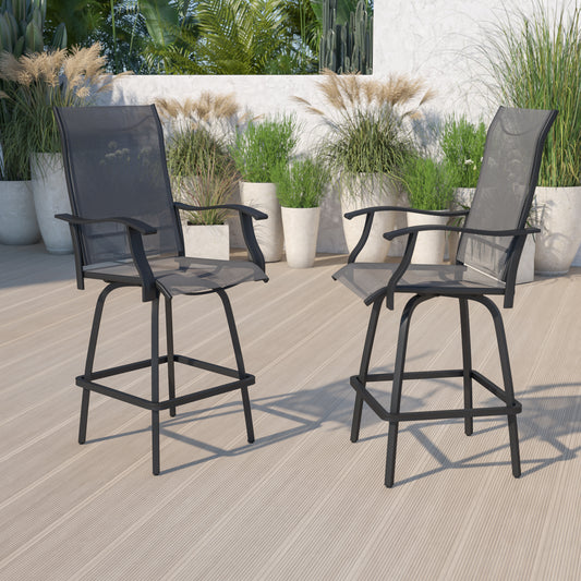 Valerie Patio Bar Height Stools Set of 2, All-Weather Textilene Swivel Patio Stools with High Back & Armrests in Gray Gray 2-ET-SWVLPTO-30-GR-GG