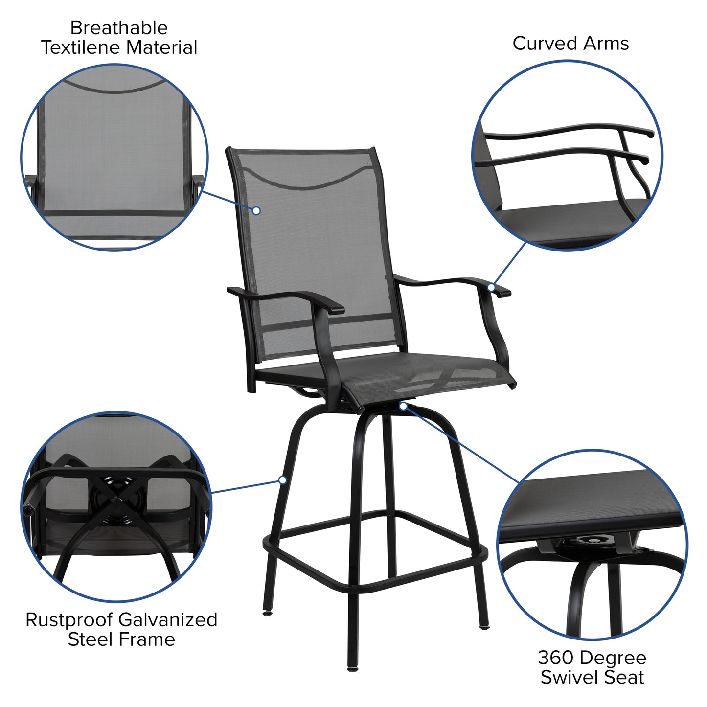 Valerie Patio Bar Height Stools Set of 2, All-Weather Textilene Swivel Patio Stools with High Back & Armrests in Gray Gray