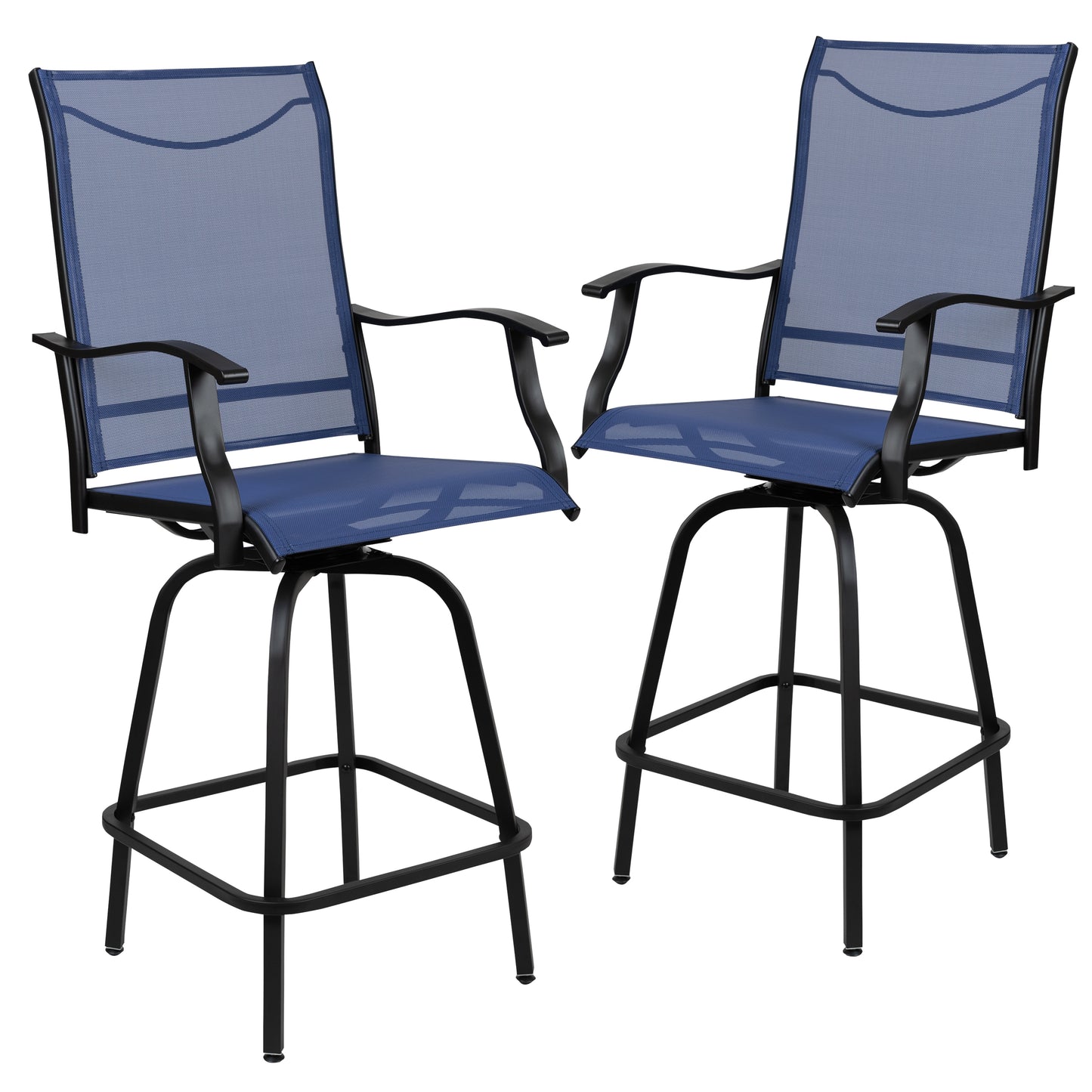 Valerie Patio Bar Height Stools Set of 2, All-Weather Textilene Swivel Patio Stools with High Back & Armrests in Navy Navy