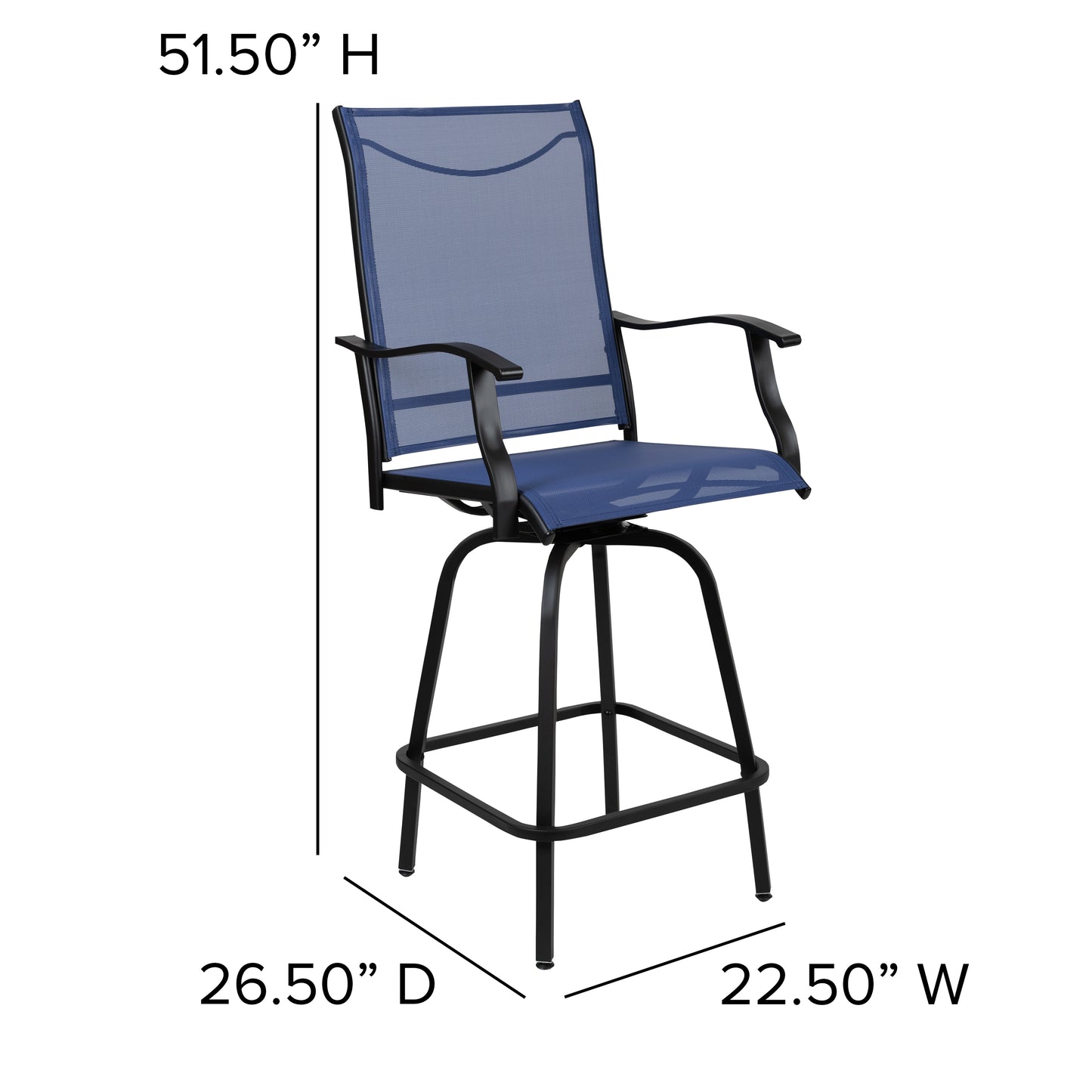 Valerie Patio Bar Height Stools Set of 2, All-Weather Textilene Swivel Patio Stools with High Back & Armrests in Navy Navy