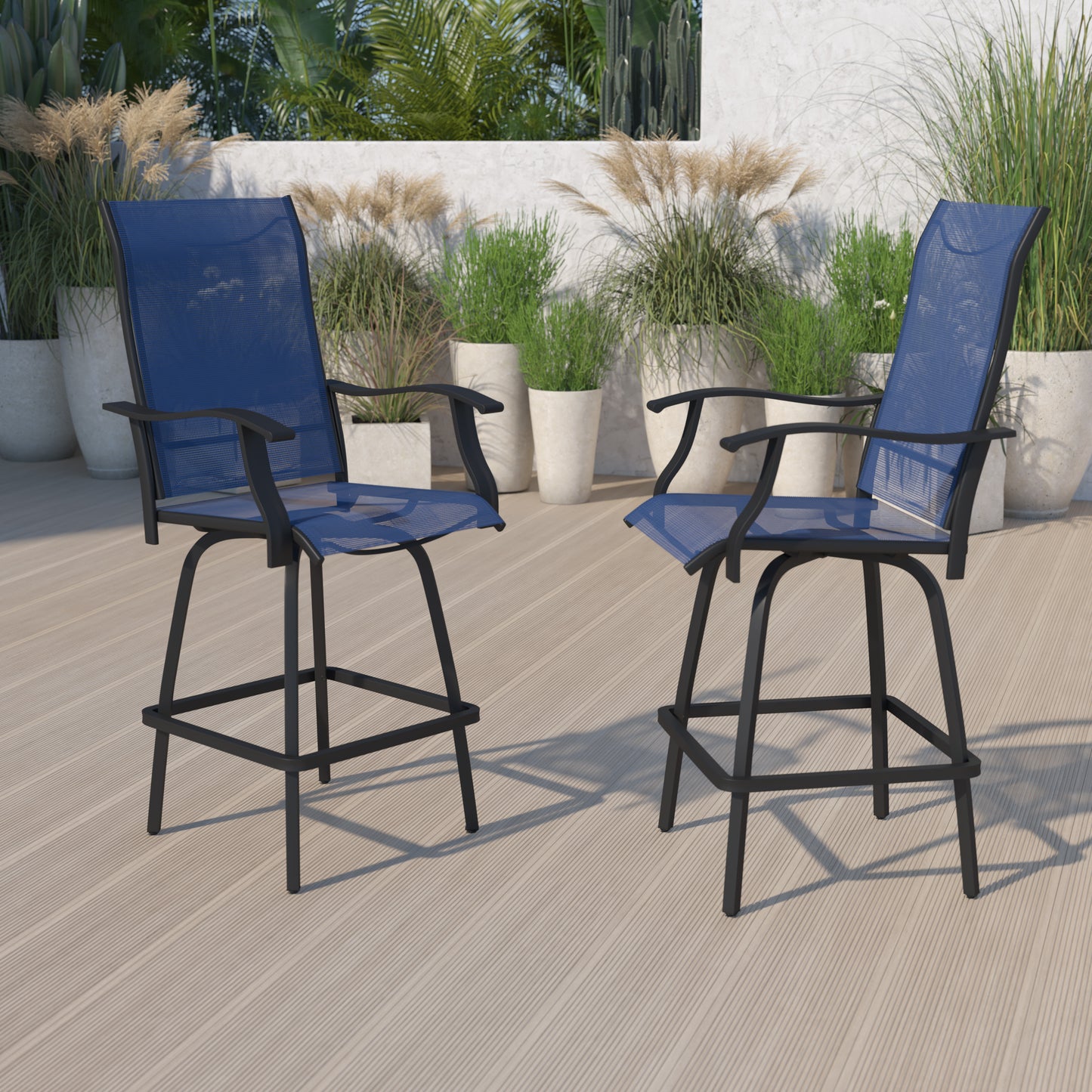 Valerie Patio Bar Height Stools Set of 2, All-Weather Textilene Swivel Patio Stools with High Back & Armrests in Navy Navy