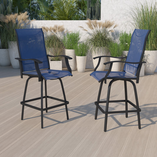 Valerie Patio Bar Height Stools Set of 2, All-Weather Textilene Swivel Patio Stools with High Back & Armrests in Navy Navy 2-ET-SWVLPTO-30-NV-GG