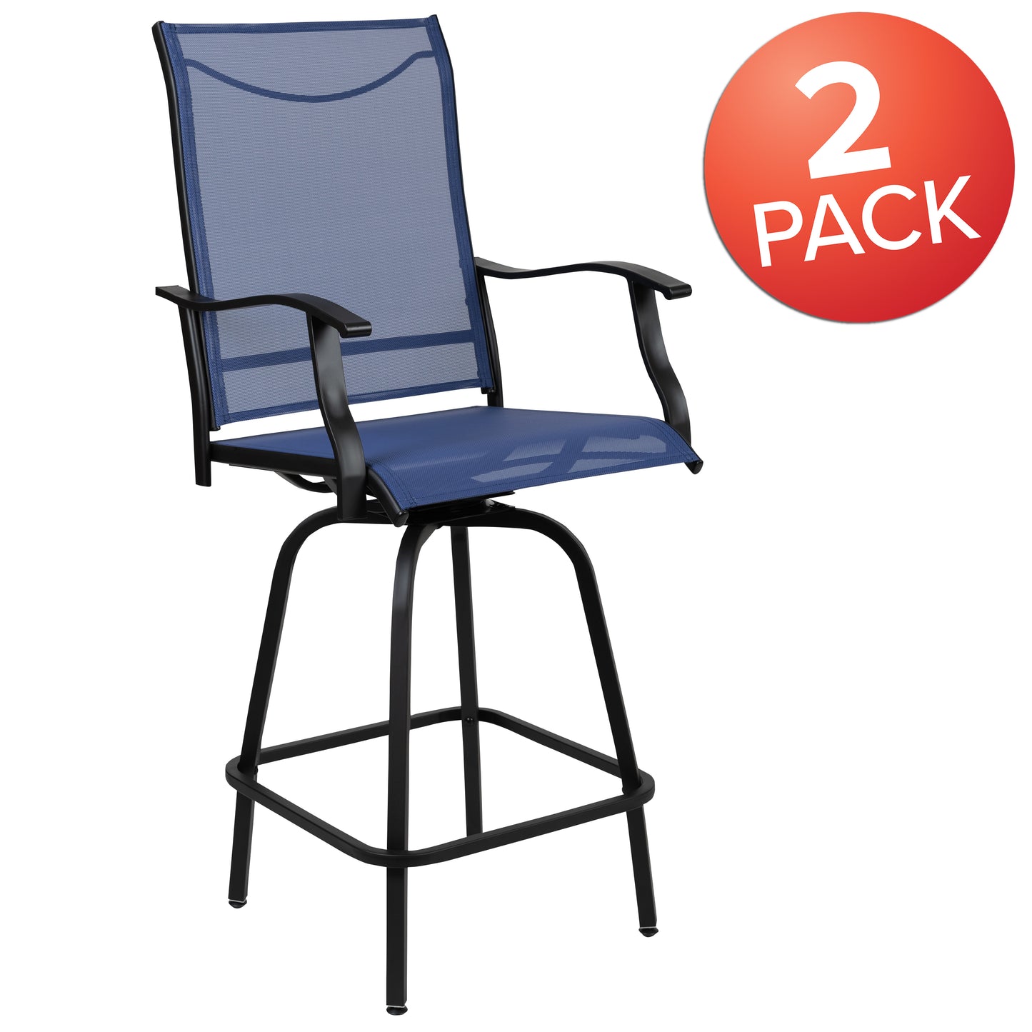 Valerie Patio Bar Height Stools Set of 2, All-Weather Textilene Swivel Patio Stools with High Back & Armrests in Navy Navy
