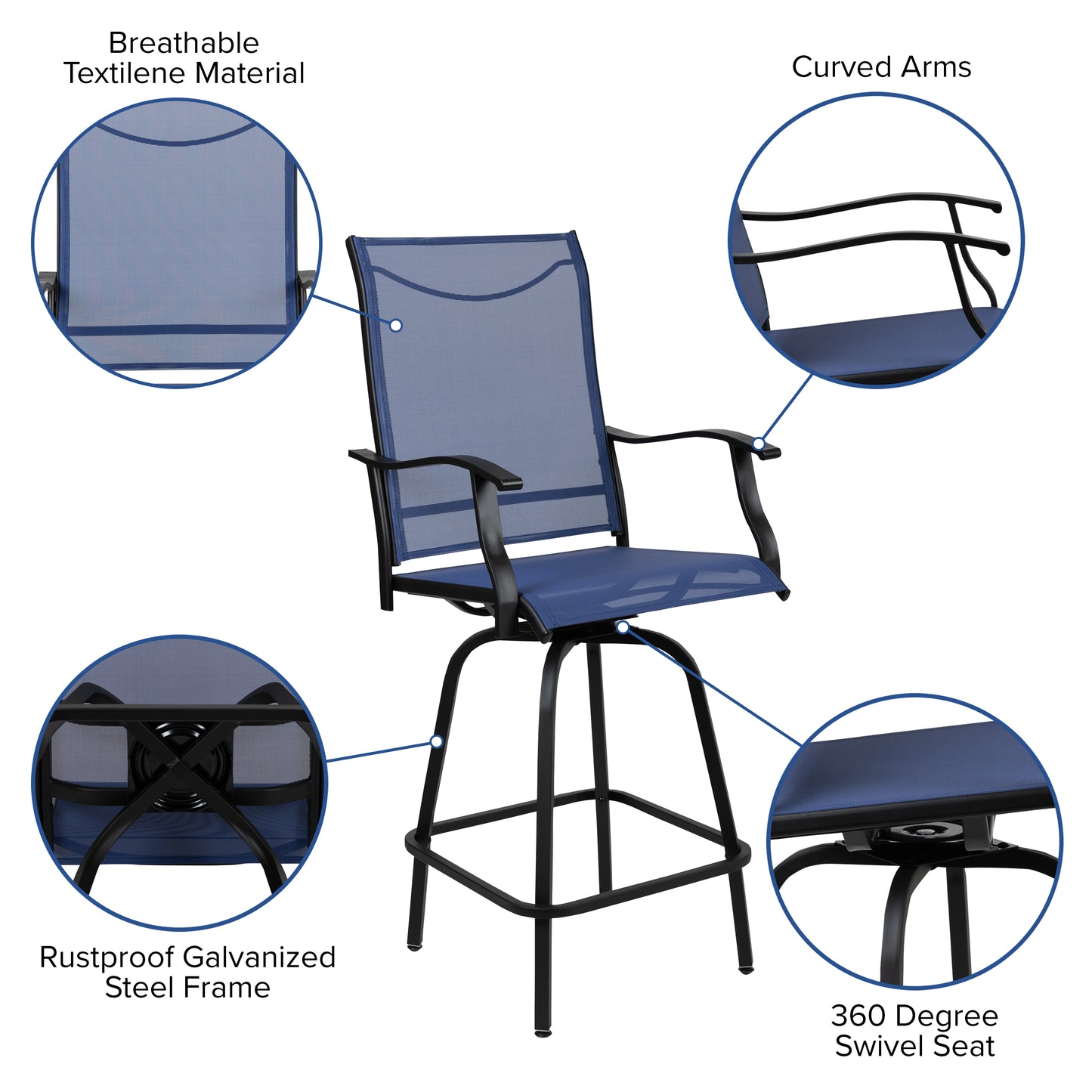 Valerie Patio Bar Height Stools Set of 2, All-Weather Textilene Swivel Patio Stools with High Back & Armrests in Navy Navy