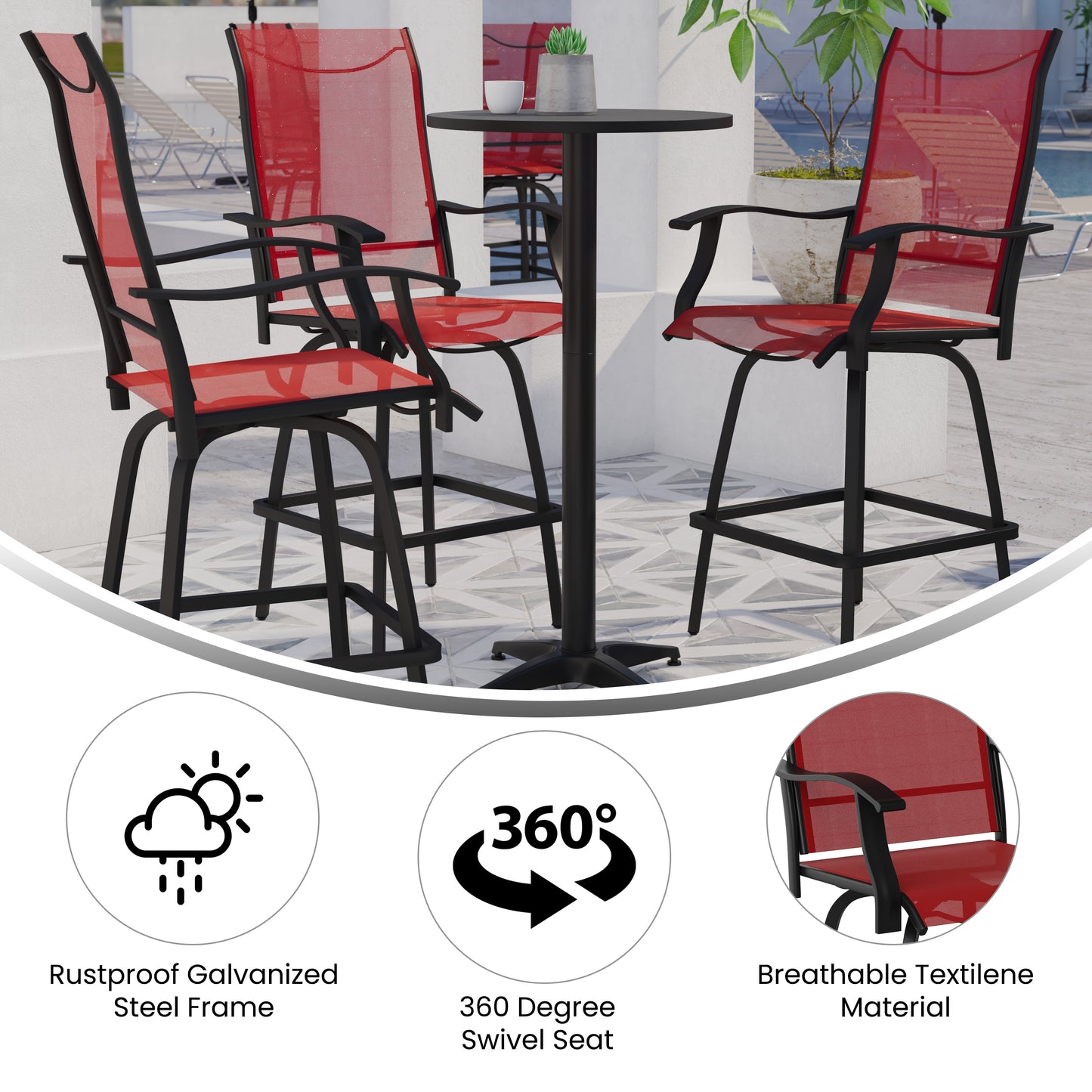 Valerie Patio Bar Height Stools Set of 2, All-Weather Textilene Swivel Patio Stools with High Back & Armrests in Red Red