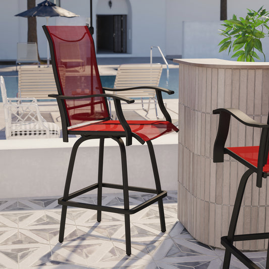 Valerie Patio Bar Height Stools Set of 2, All-Weather Textilene Swivel Patio Stools with High Back & Armrests in Red Red 2-ET-SWVLPTO-30-RD-GG