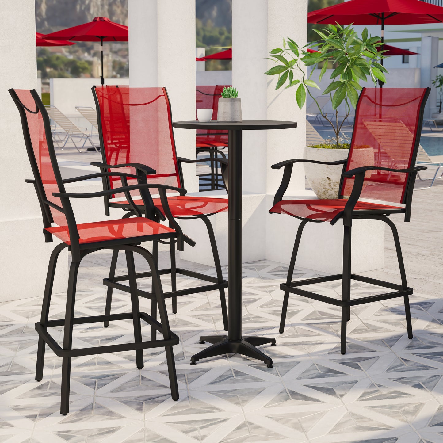 Valerie Patio Bar Height Stools Set of 2, All-Weather Textilene Swivel Patio Stools with High Back & Armrests in Red Red