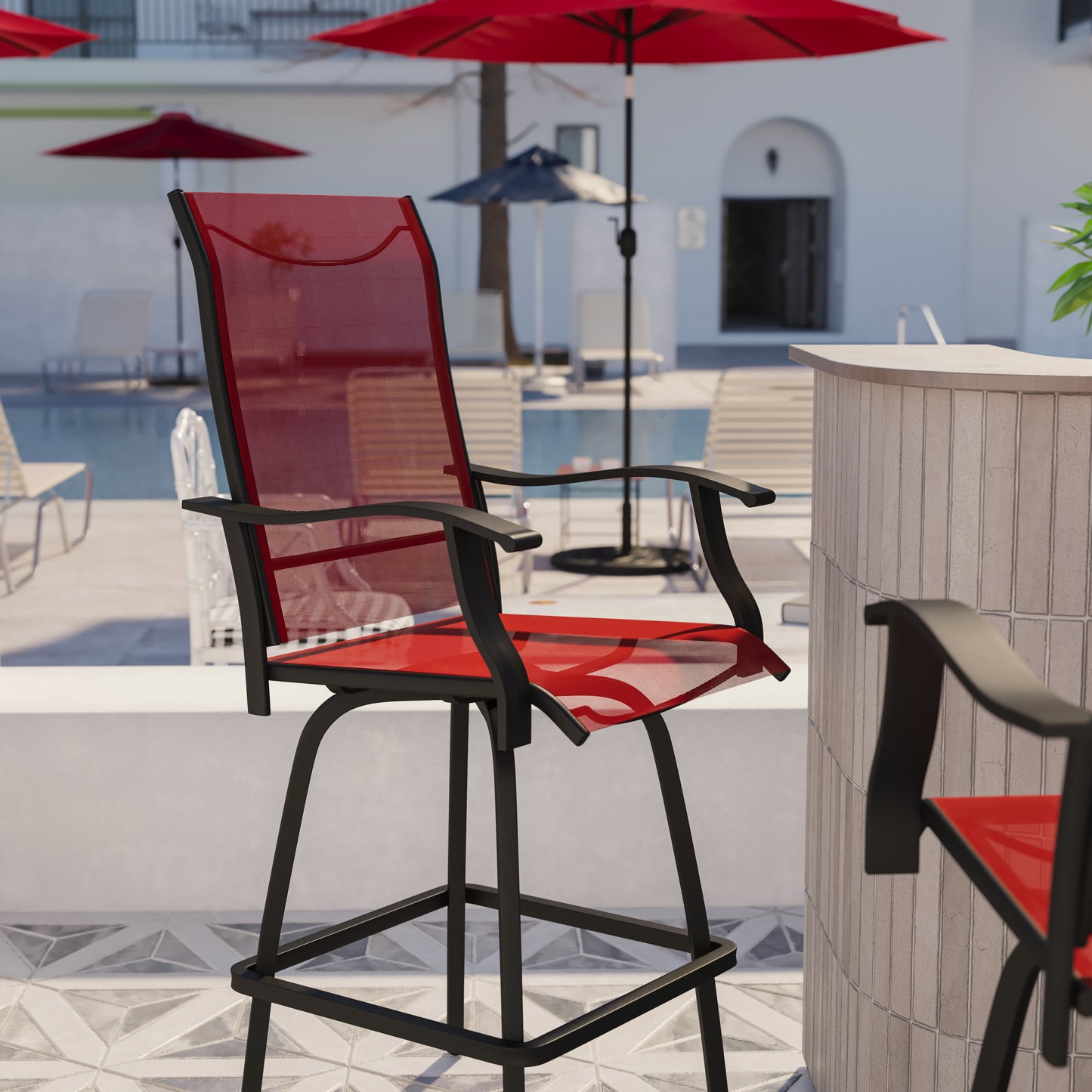 Valerie Patio Bar Height Stools Set of 2, All-Weather Textilene Swivel Patio Stools with High Back & Armrests in Red Red