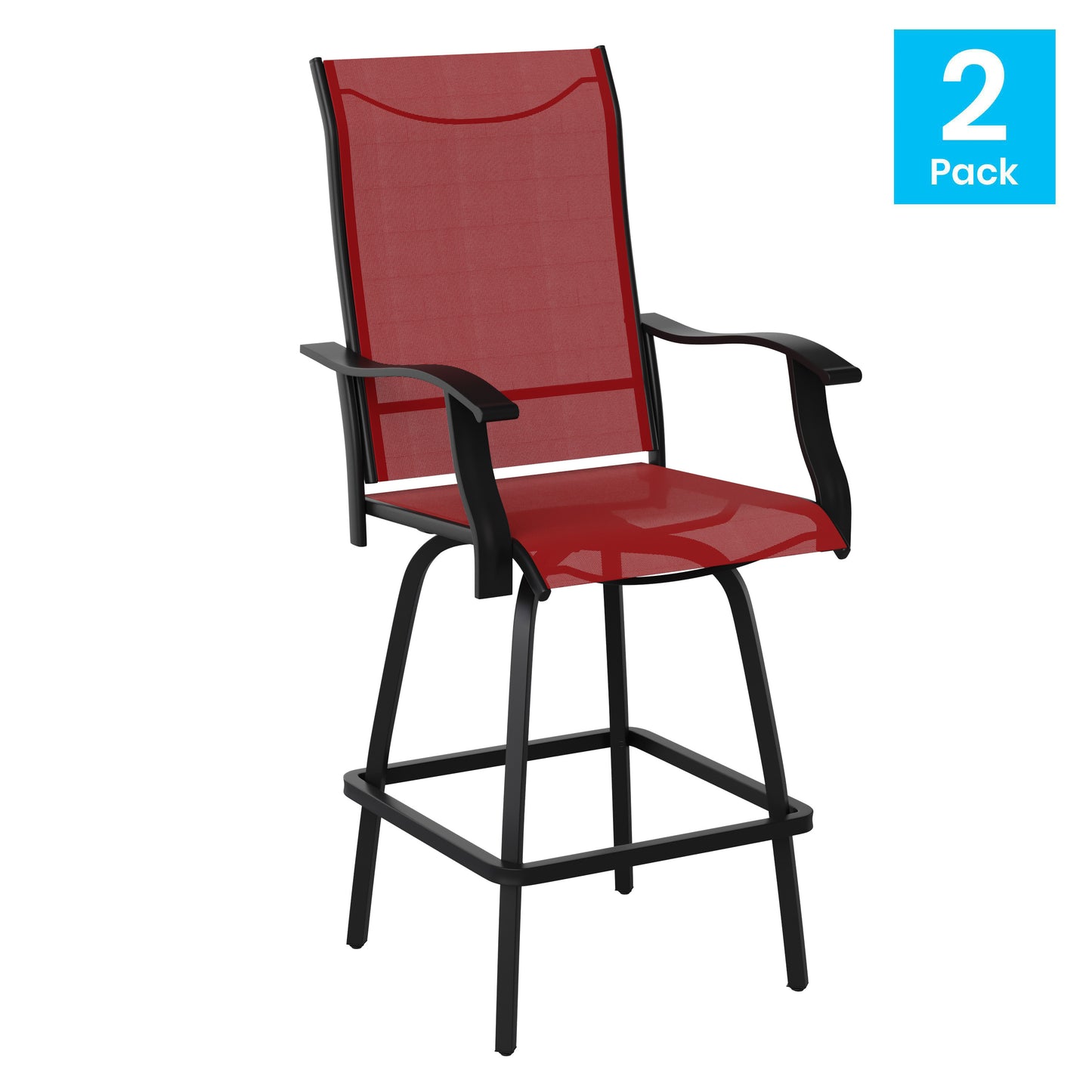 Valerie Patio Bar Height Stools Set of 2, All-Weather Textilene Swivel Patio Stools with High Back & Armrests in Red Red