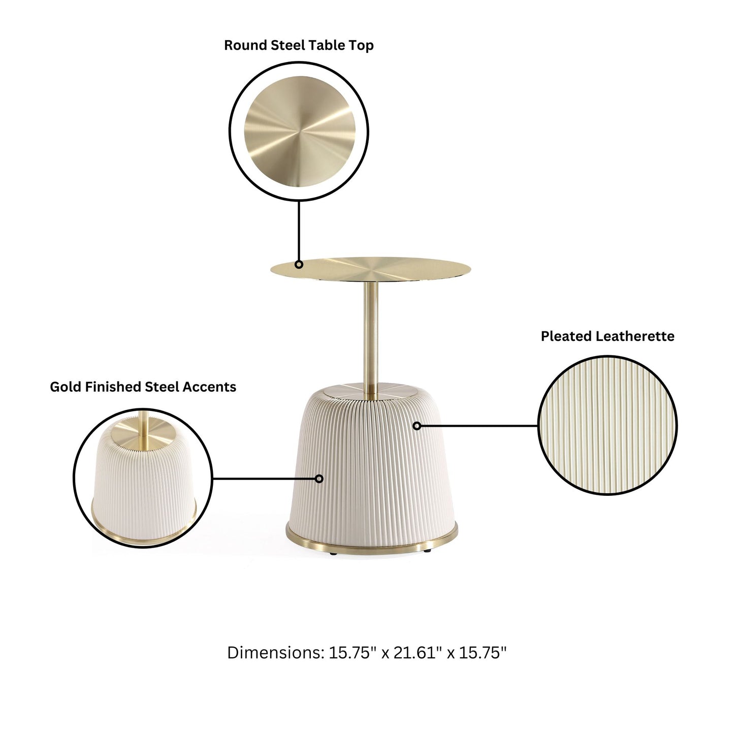 Manhattan Comfort Modern Anderson End Table 1.0 Upholstered in Cream Leatherette with Gold Tabletop - Set of 2 2-ET004-CR