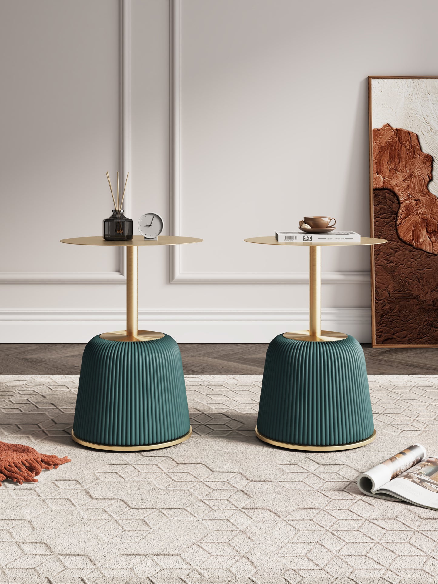 Manhattan Comfort Modern Anderson End Table 1.0 Upholstered in Green Leatherette with Gold Tabletop - Set of 2 2-ET004-GR