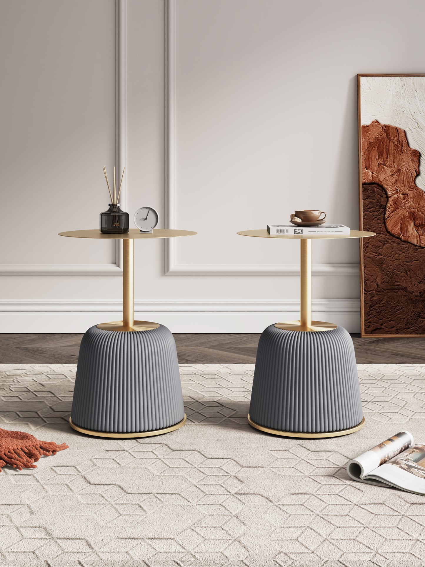 Manhattan Comfort Modern Anderson End Table 1.0 Upholstered in Grey Leatherette with Gold Tabletop - Set of 2 2-ET004-GY