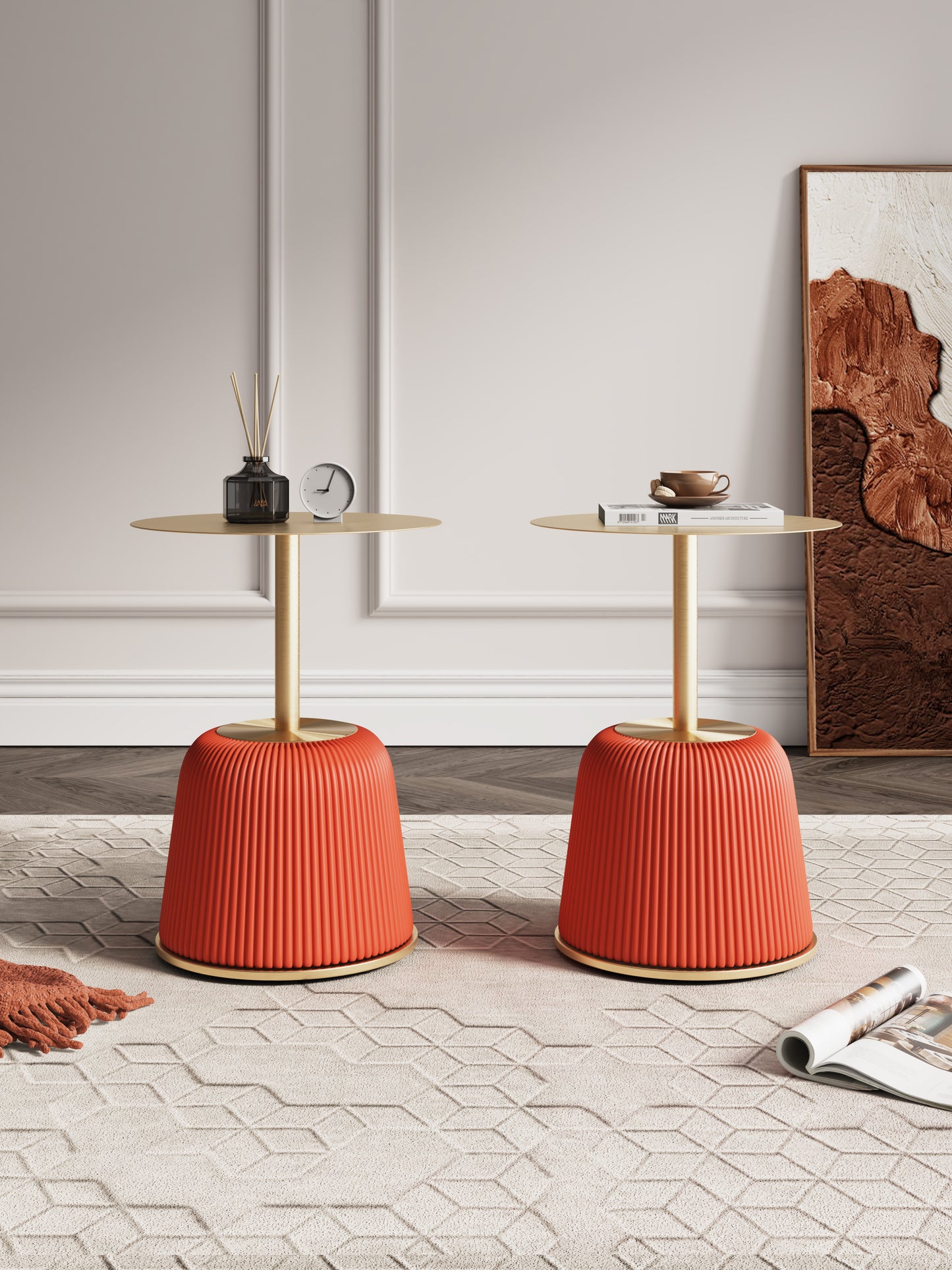 Manhattan Comfort Modern Anderson End Table 1.0 Upholstered in Orange Leatherette with Gold Tabletop - Set of 2 2-ET004-OR