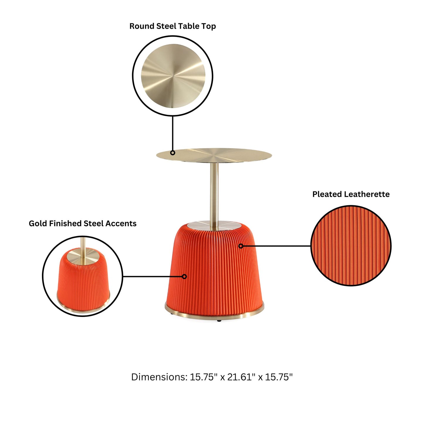 Manhattan Comfort Modern Anderson End Table 1.0 Upholstered in Orange Leatherette with Gold Tabletop - Set of 2 2-ET004-OR