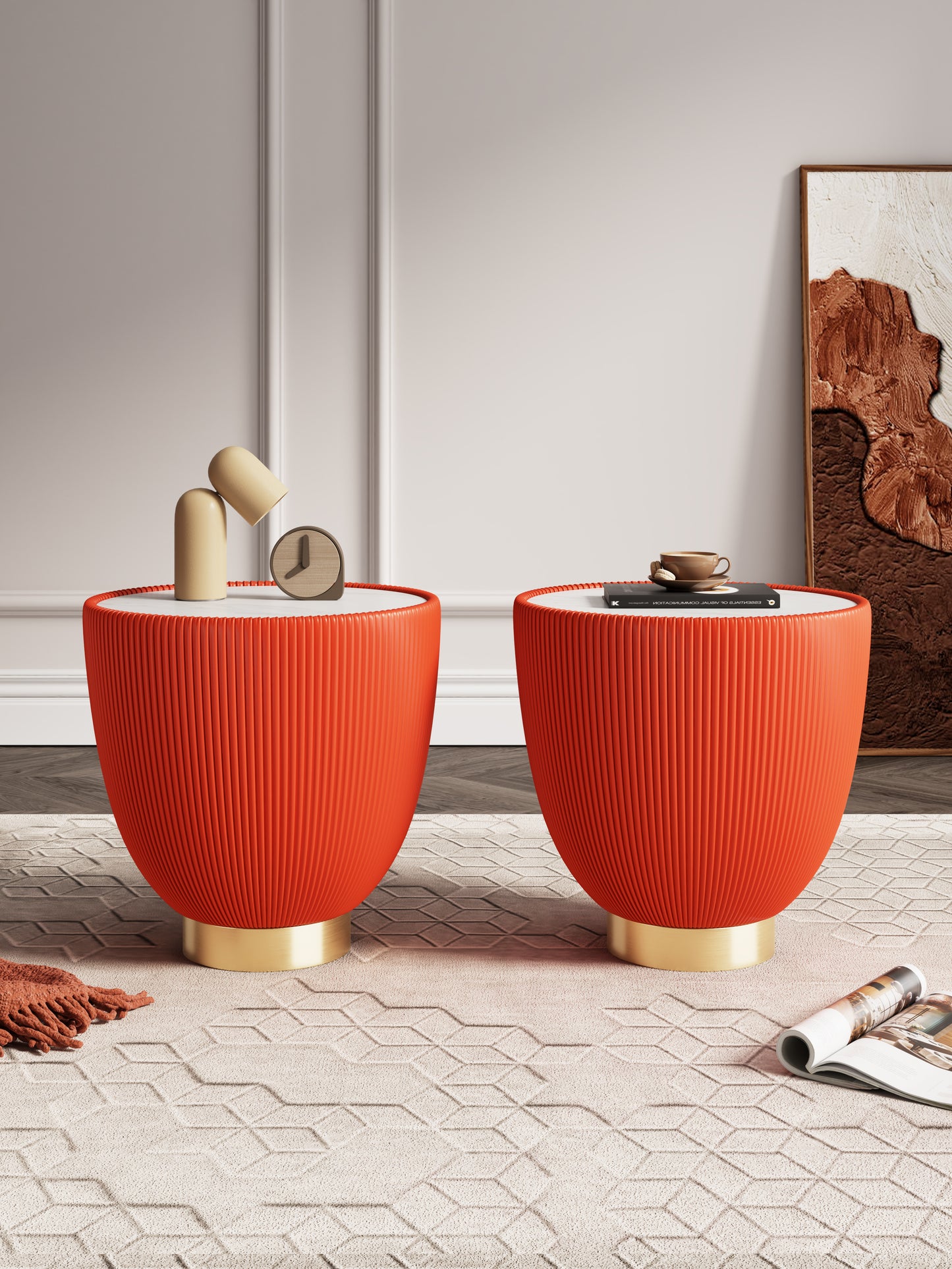 Manhattan Comfort Modern Anderson End Table 2.0 Upholstered in Orange Leatherette with Ceramic Faux Marble Tabletop - Set of 2 2-ET005-OR