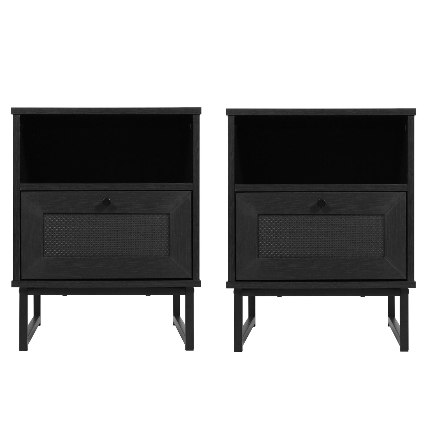 Malaki Set of 2 Mid-Century Modern Nightstands or End Tables with Rattan Accented Drawers, Open Upper Shelves, and Metal Legs in Black Black