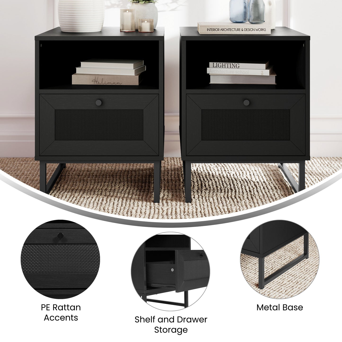 Malaki Set of 2 Mid-Century Modern Nightstands or End Tables with Rattan Accented Drawers, Open Upper Shelves, and Metal Legs in Black Black