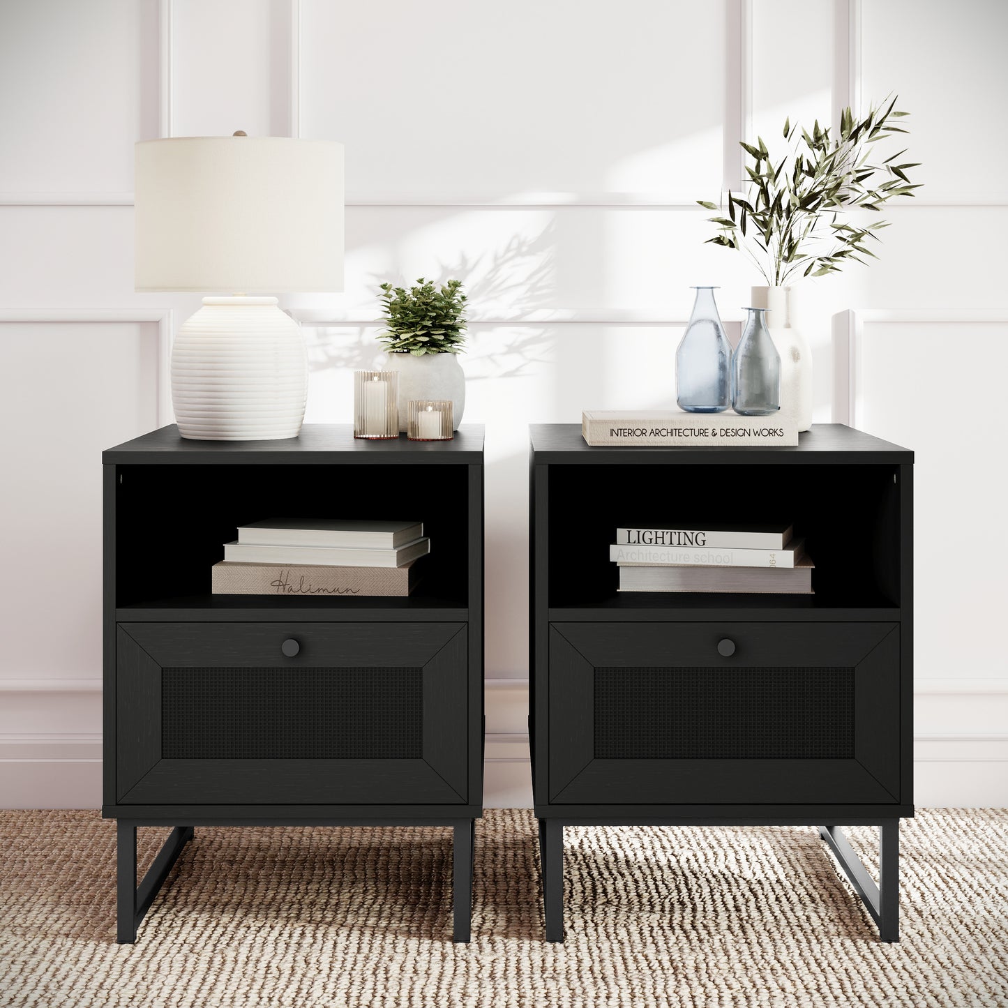 Malaki Set of 2 Mid-Century Modern Nightstands or End Tables with Rattan Accented Drawers, Open Upper Shelves, and Metal Legs in Black Black