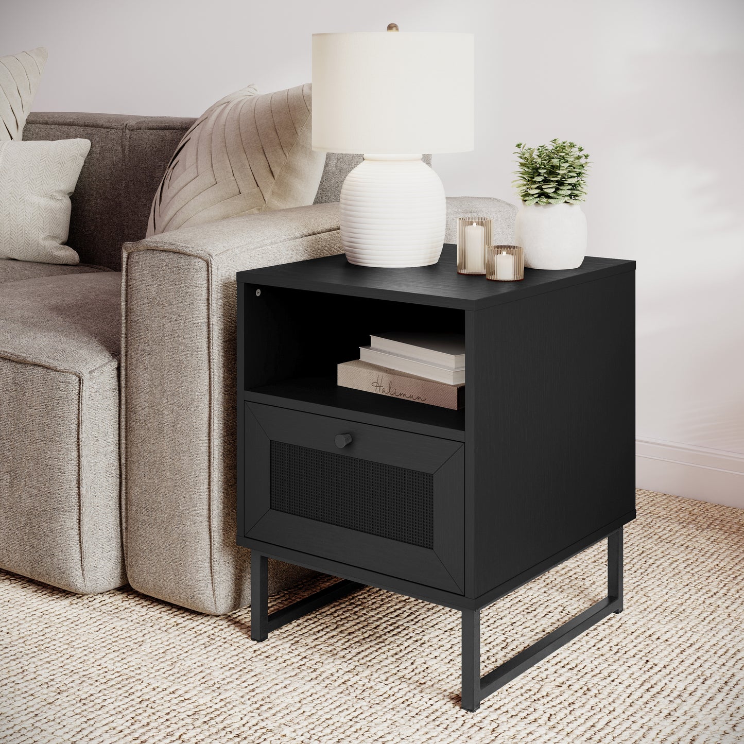 Malaki Set of 2 Mid-Century Modern Nightstands or End Tables with Rattan Accented Drawers, Open Upper Shelves, and Metal Legs in Black Black