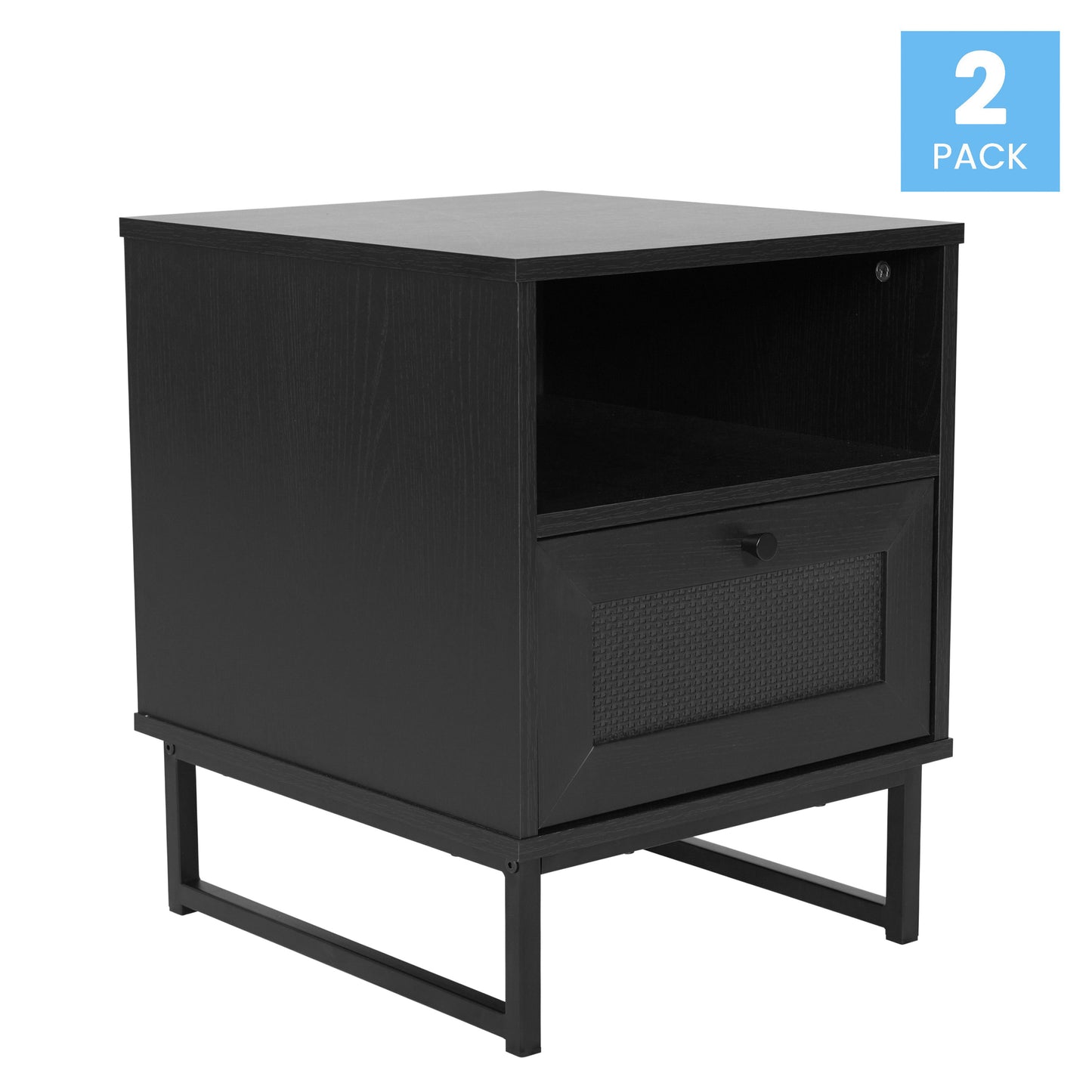 Malaki Set of 2 Mid-Century Modern Nightstands or End Tables with Rattan Accented Drawers, Open Upper Shelves, and Metal Legs in Black Black