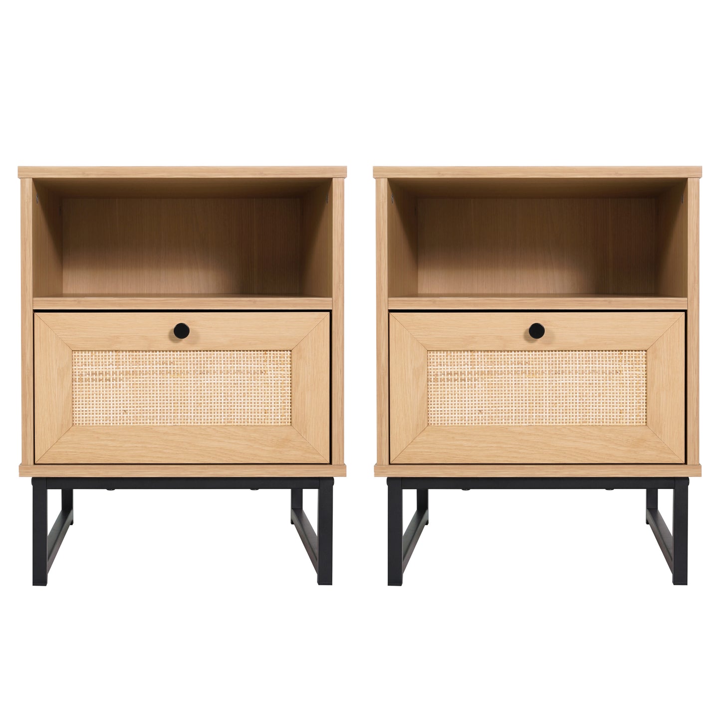 Malaki Set of 2 Mid-Century Modern Nightstands or End Tables with Rattan Accented Drawers, Open Upper Shelves, and Metal Legs in Natural Natural