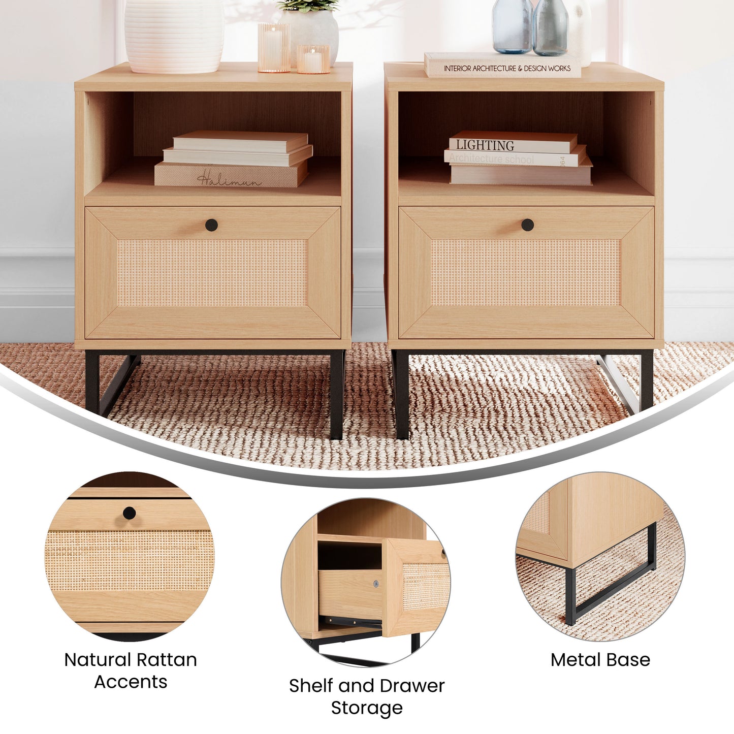 Malaki Set of 2 Mid-Century Modern Nightstands or End Tables with Rattan Accented Drawers, Open Upper Shelves, and Metal Legs in Natural Natural