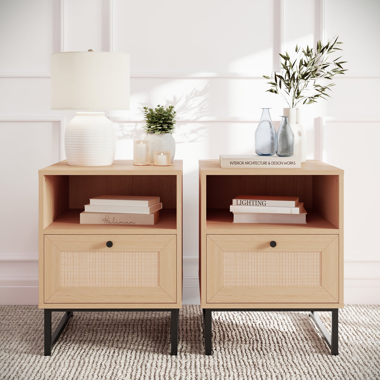 Malaki Set of 2 Mid-Century Modern Nightstands or End Tables with Rattan Accented Drawers, Open Upper Shelves, and Metal Legs in Natural Natural
