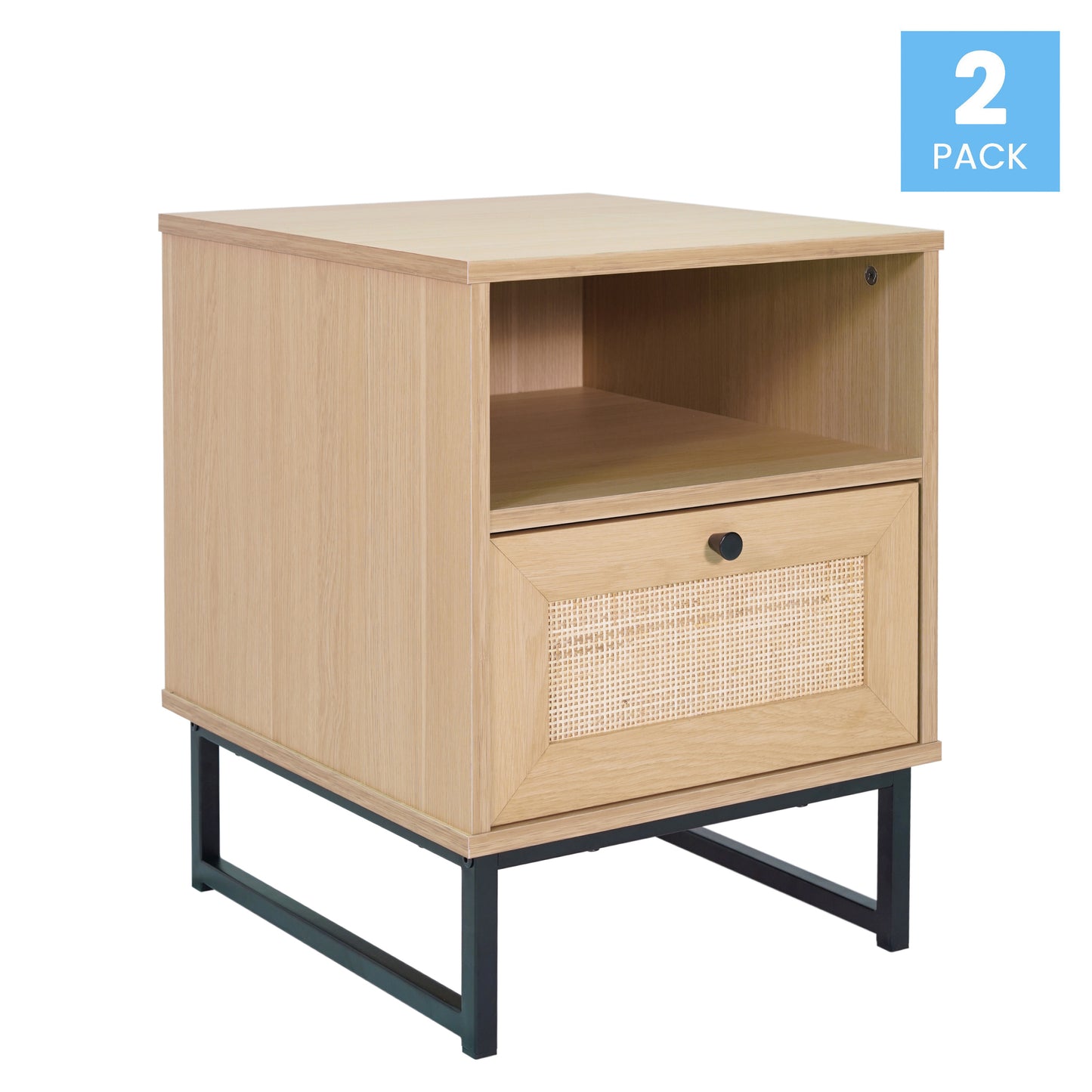 Malaki Set of 2 Mid-Century Modern Nightstands or End Tables with Rattan Accented Drawers, Open Upper Shelves, and Metal Legs in Natural Natural