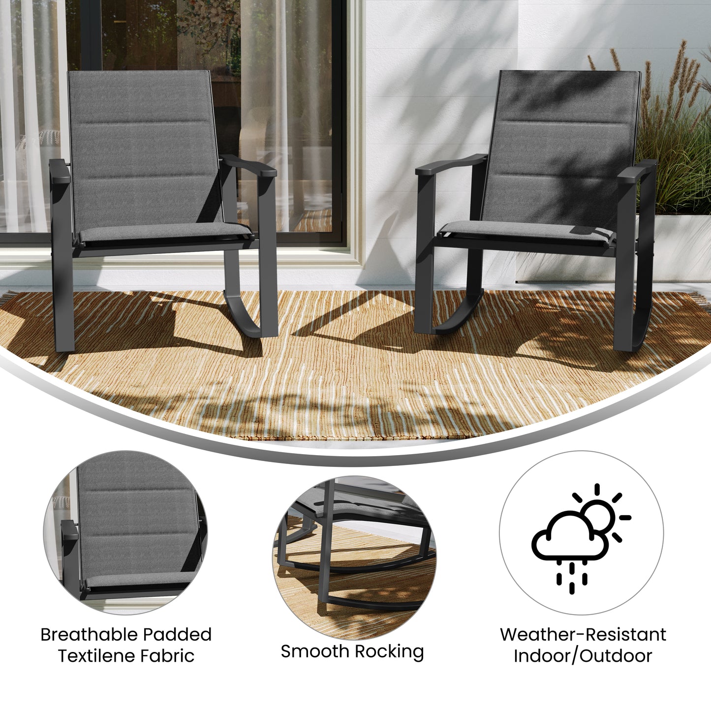 Brazos Set of 2 Black Outdoor Rocking Chairs with Flex Comfort Material and Black Steel Frames Black