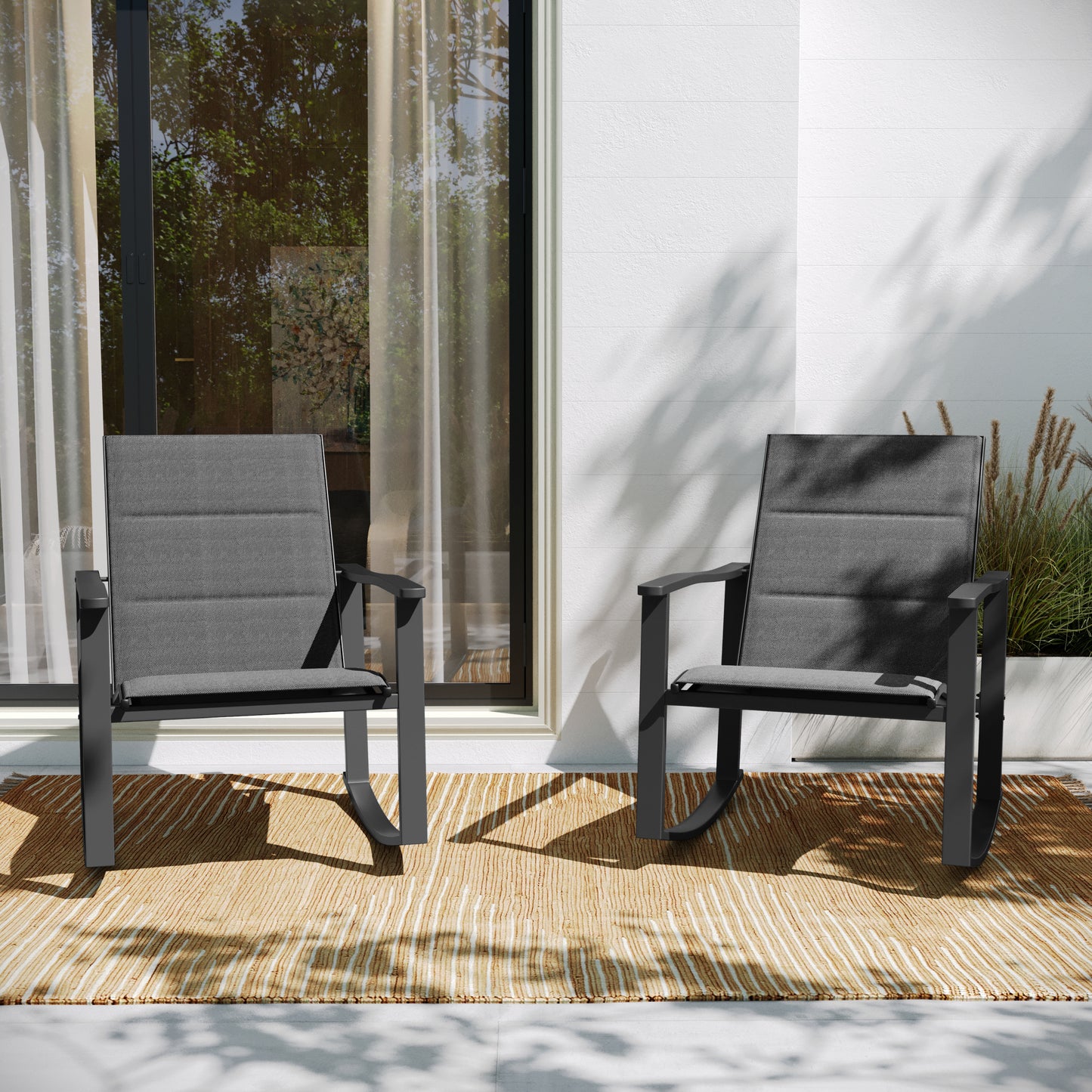 Brazos Set of 2 Black Outdoor Rocking Chairs with Flex Comfort Material and Black Steel Frames Black