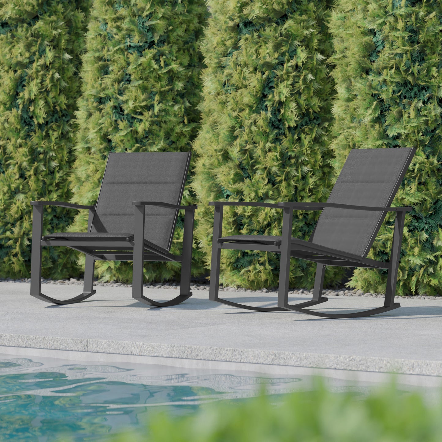 Brazos Set of 2 Black Outdoor Rocking Chairs with Flex Comfort Material and Black Steel Frames Black