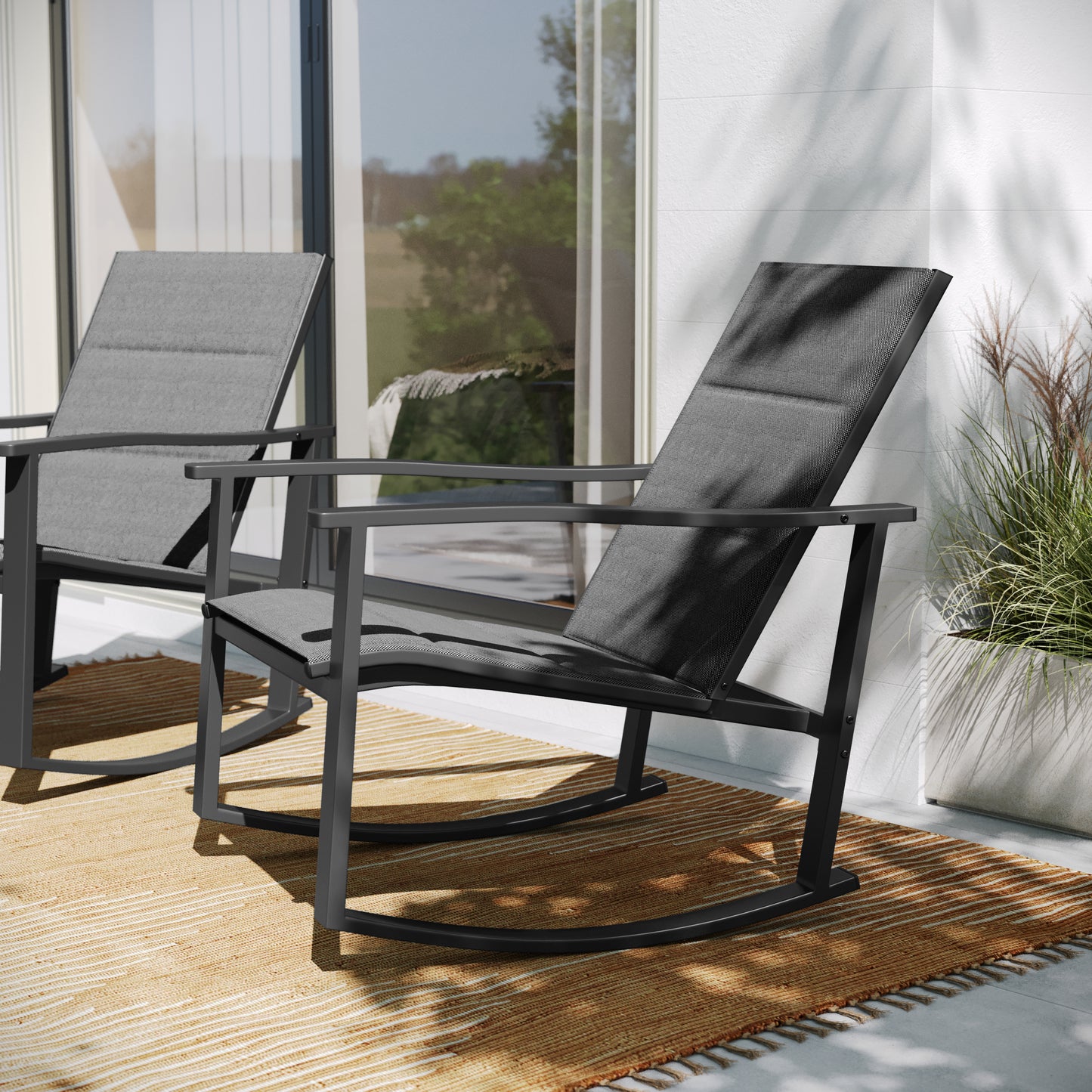 Brazos Set of 2 Black Outdoor Rocking Chairs with Flex Comfort Material and Black Steel Frames Black