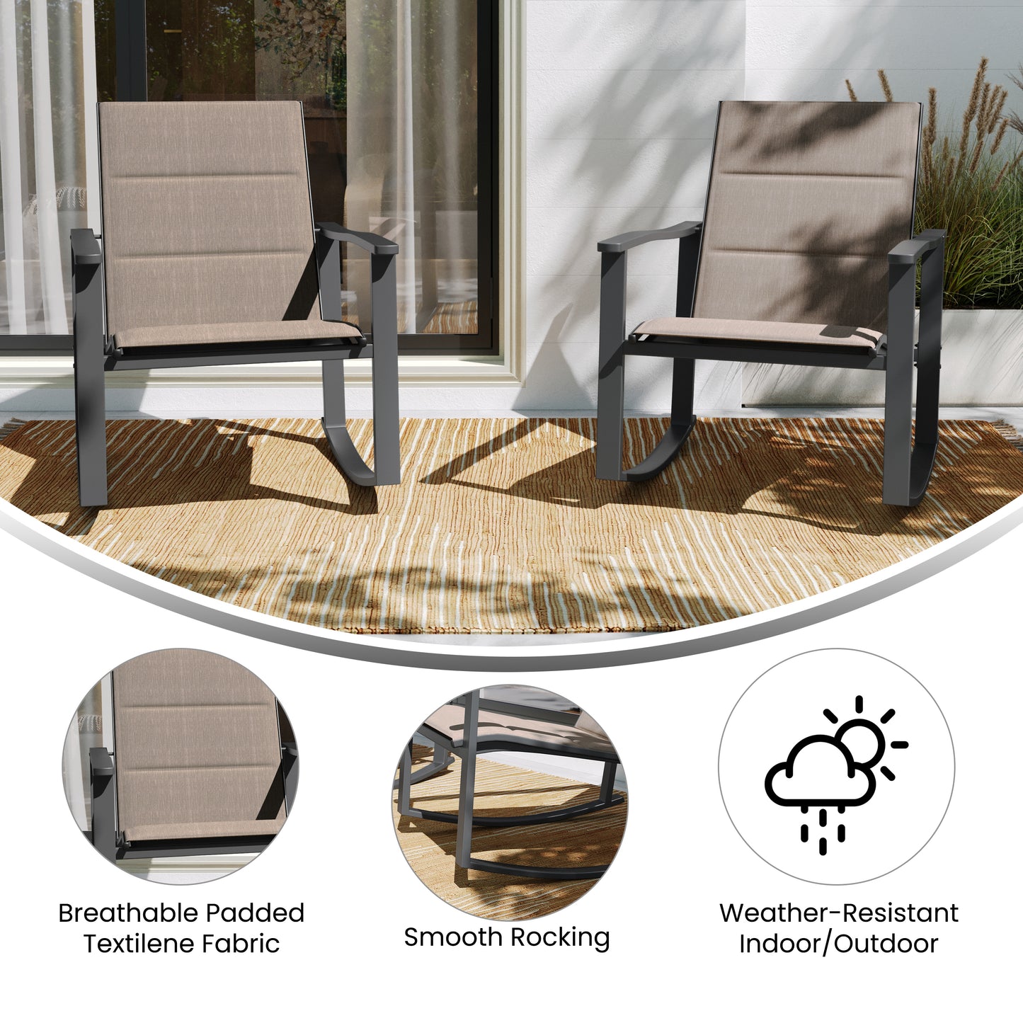 Brazos Set of 2 Brown Outdoor Rocking Chairs with Flex Comfort Material and Black Steel Frames Brown