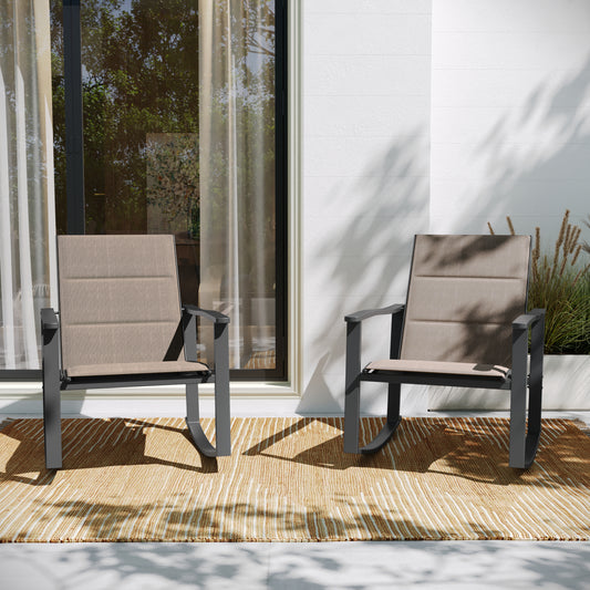 Brazos Set of 2 Brown Outdoor Rocking Chairs with Flex Comfort Material and Black Steel Frames Brown