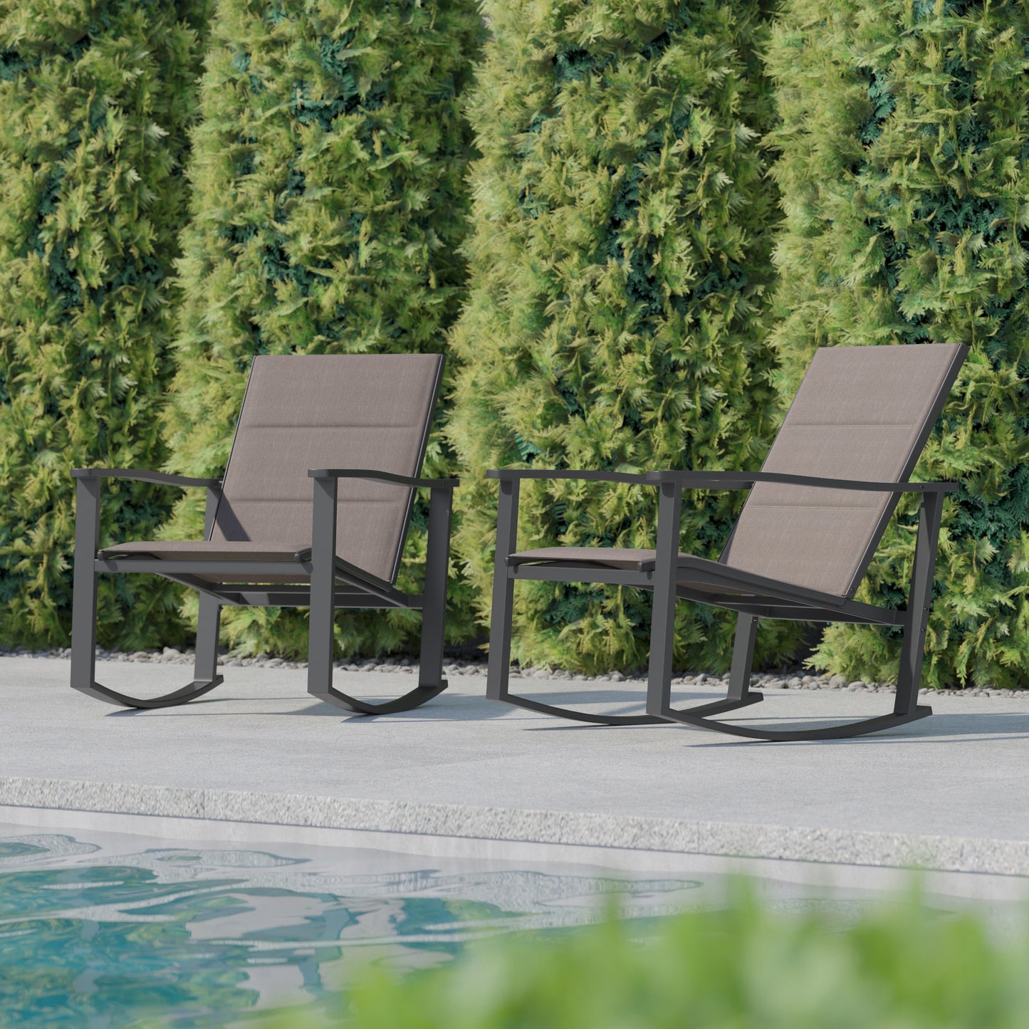 Brazos Set of 2 Brown Outdoor Rocking Chairs with Flex Comfort Material and Black Steel Frames Brown