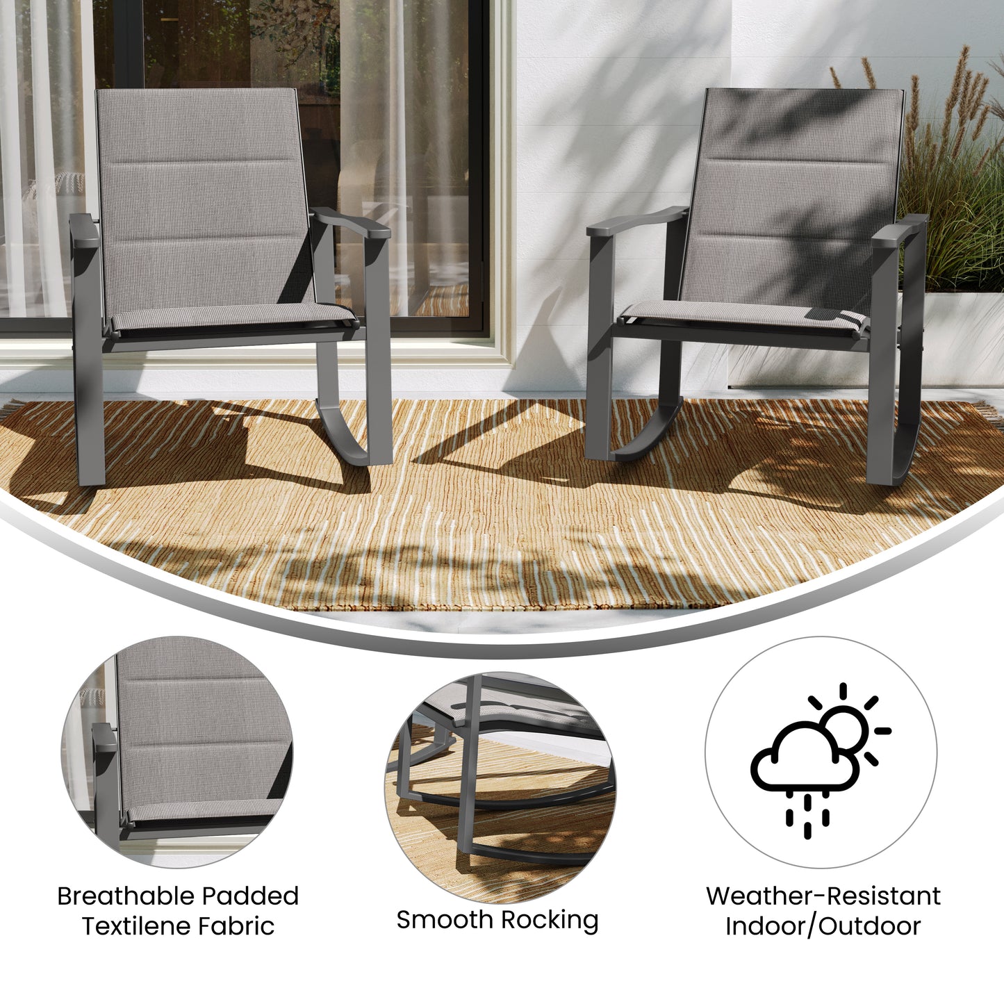 Brazos Set of 2 Gray Outdoor Rocking Chairs with Flex Comfort Material and Black Steel Frames Gray