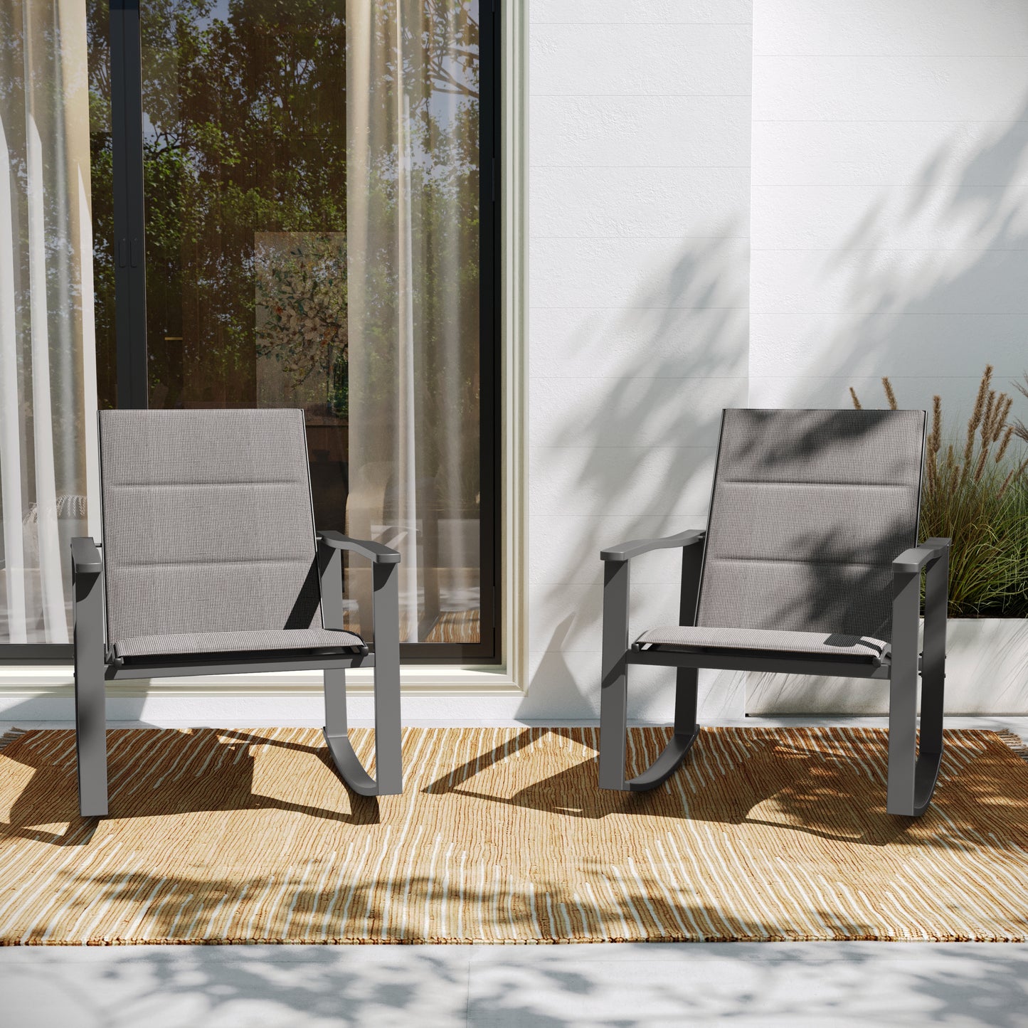 Brazos Set of 2 Gray Outdoor Rocking Chairs with Flex Comfort Material and Black Steel Frames Gray