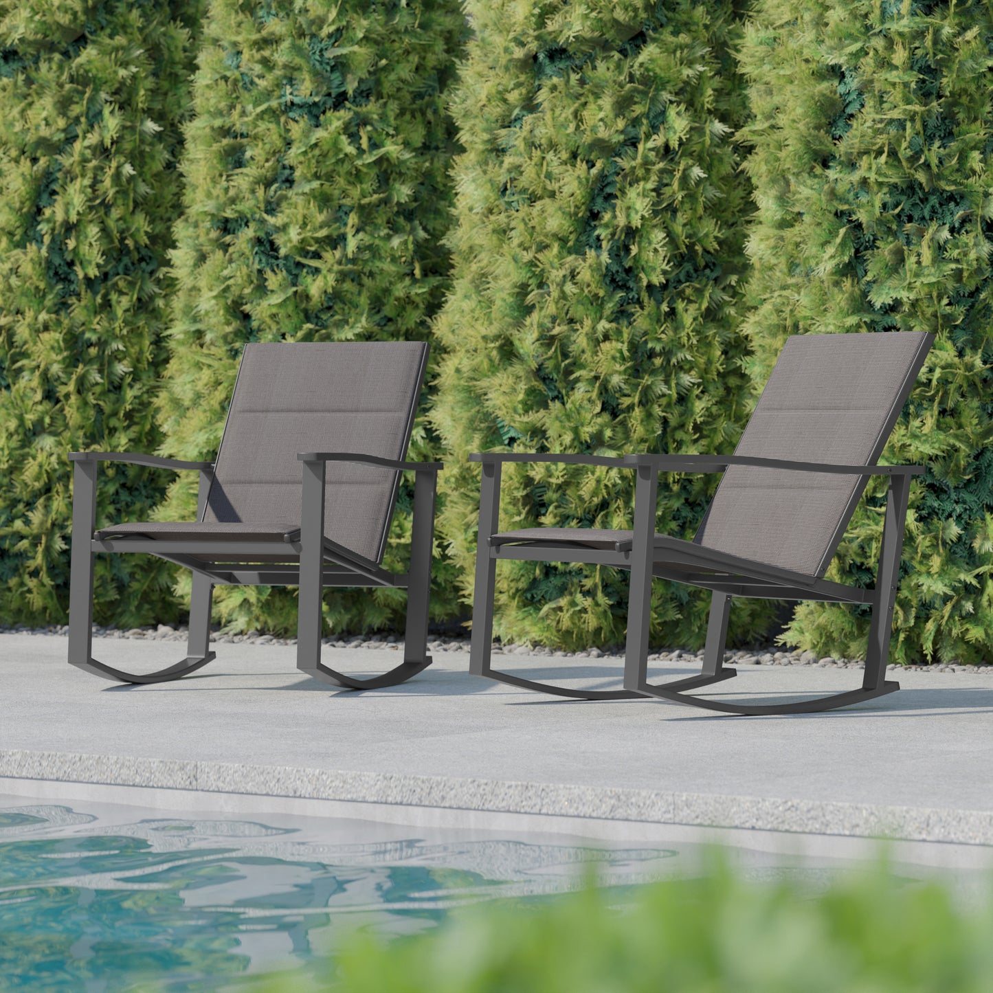 Brazos Set of 2 Gray Outdoor Rocking Chairs with Flex Comfort Material and Black Steel Frames Gray