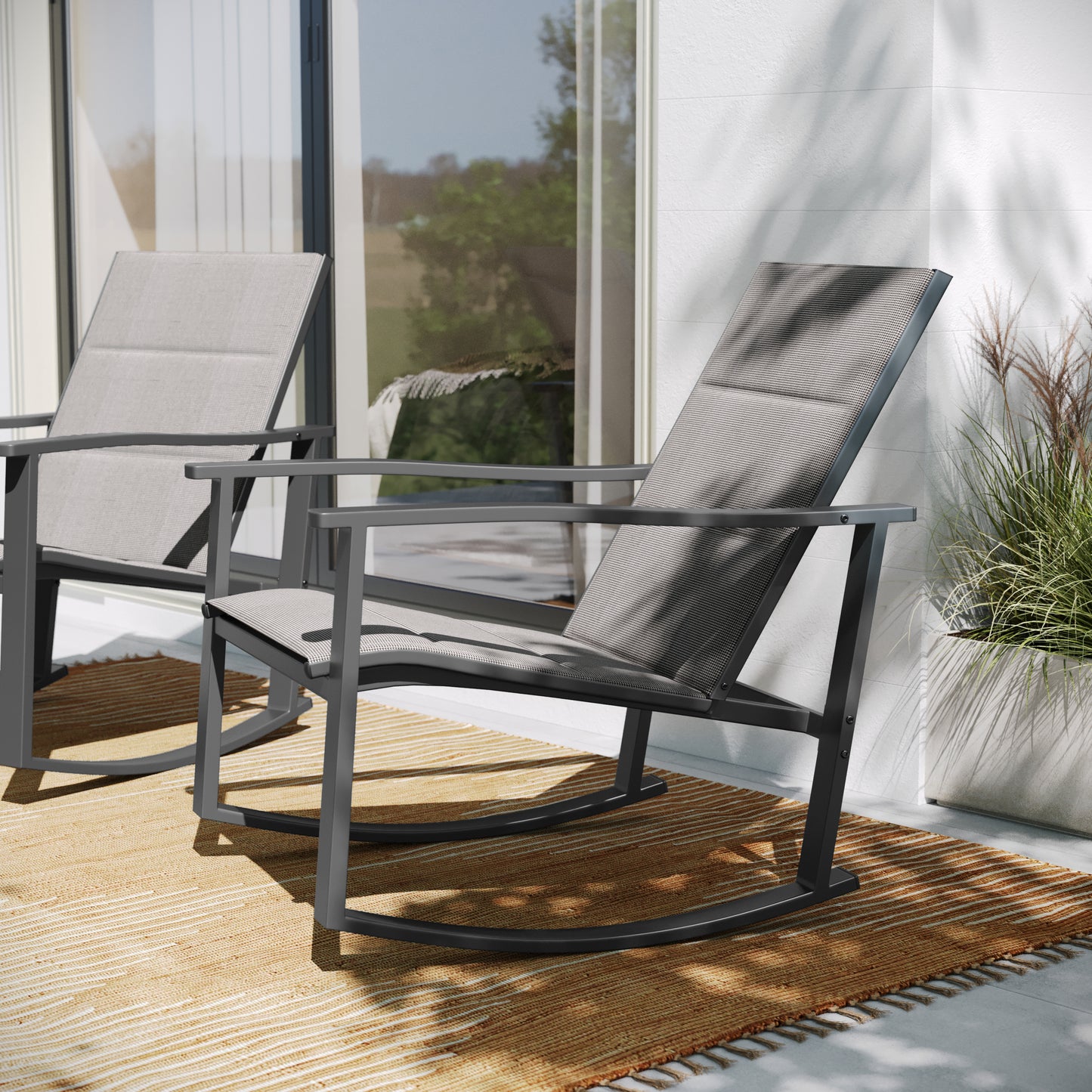 Brazos Set of 2 Gray Outdoor Rocking Chairs with Flex Comfort Material and Black Steel Frames Gray