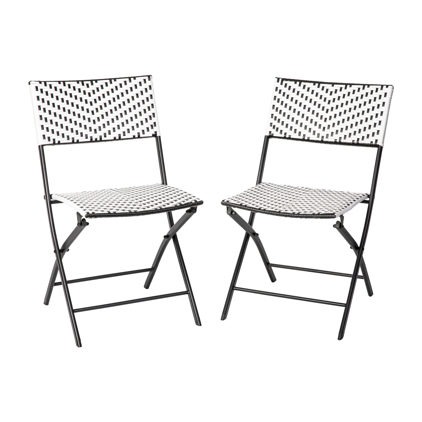 Rouen Set of 2 Commercial Grade Foldable Bistro Chairs, Indoor/Outdoor PE Rattan Back and Seat, Black/White with Black Steel Frames Black & White