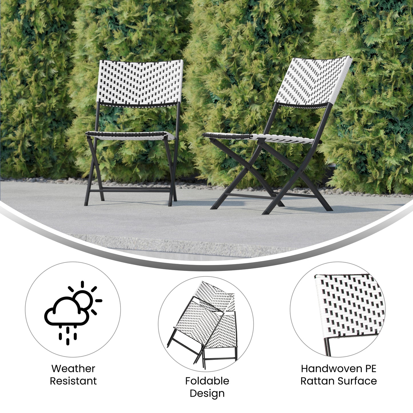 Rouen Set of 2 Commercial Grade Foldable Bistro Chairs, Indoor/Outdoor PE Rattan Back and Seat, Black/White with Black Steel Frames Black & White