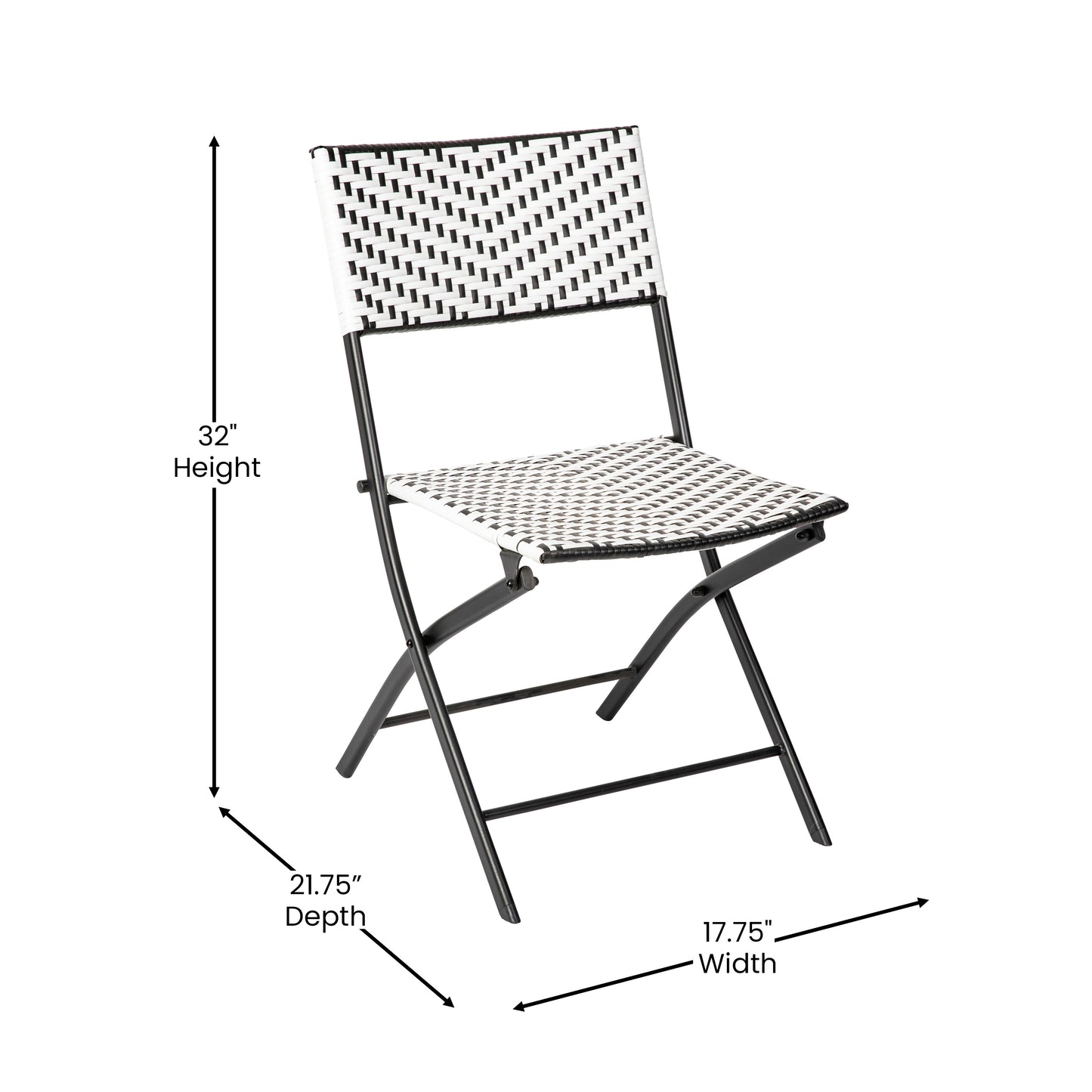 Rouen Set of 2 Commercial Grade Foldable Bistro Chairs, Indoor/Outdoor PE Rattan Back and Seat, Black/White with Black Steel Frames Black & White