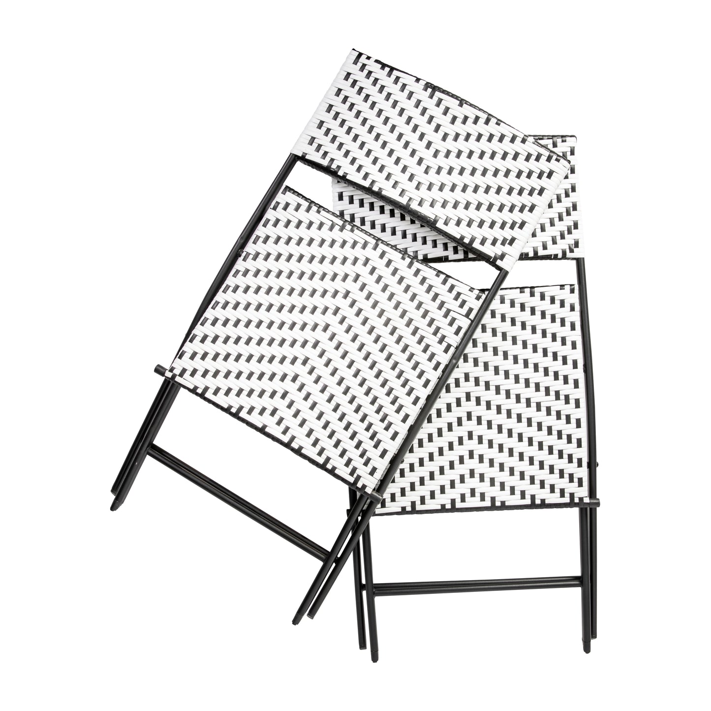 Rouen Set of 2 Commercial Grade Foldable Bistro Chairs, Indoor/Outdoor PE Rattan Back and Seat, Black/White with Black Steel Frames Black & White