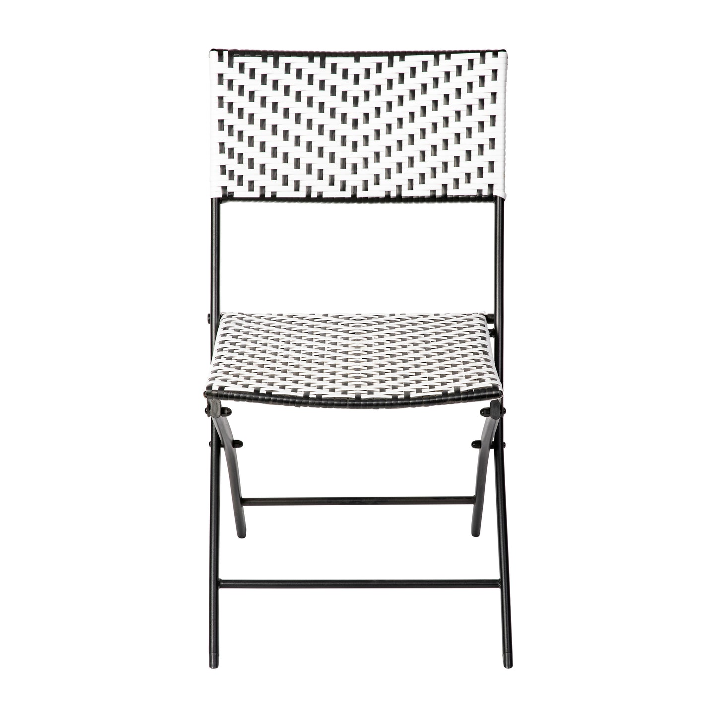 Rouen Set of 2 Commercial Grade Foldable Bistro Chairs, Indoor/Outdoor PE Rattan Back and Seat, Black/White with Black Steel Frames Black & White