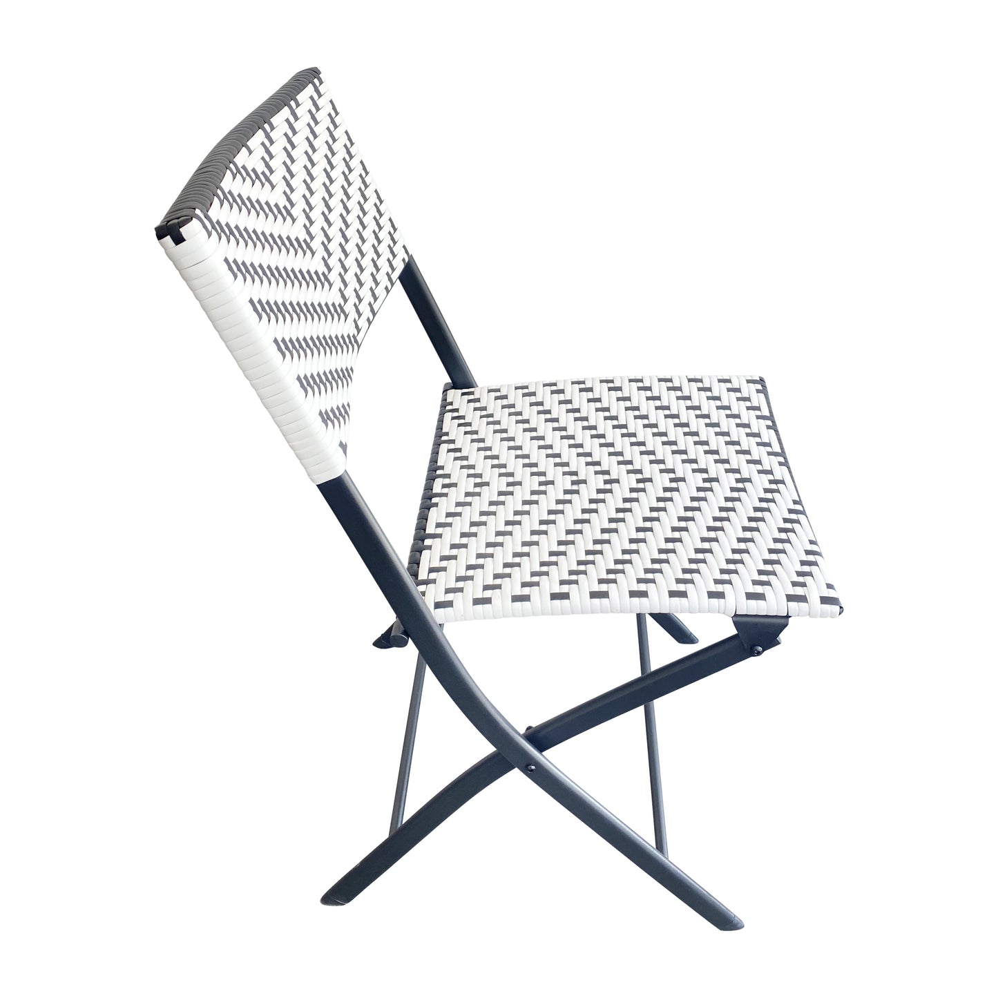 Rouen Set of 2 Commercial Grade Foldable Bistro Chairs, Indoor/Outdoor PE Rattan Back and Seat, Black/White with Black Steel Frames Black & White