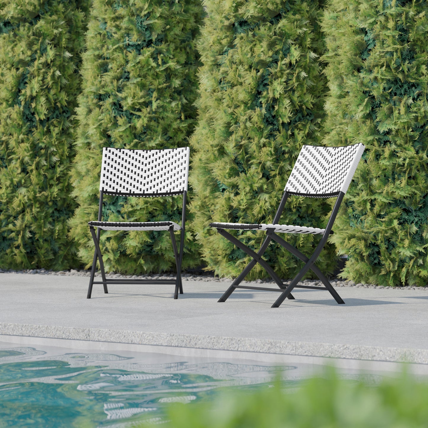 Rouen Set of 2 Commercial Grade Foldable Bistro Chairs, Indoor/Outdoor PE Rattan Back and Seat, Black/White with Black Steel Frames Black & White