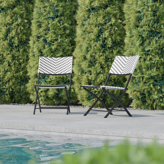 Rouen Set of 2 Commercial Grade Foldable Bistro Chairs, Indoor/Outdoor PE Rattan Back and Seat, Black/White with Black Steel Frames Black & White