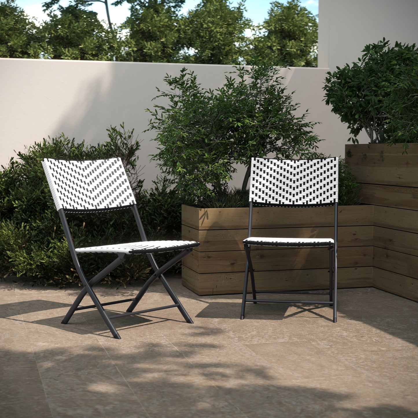Rouen Set of 2 Commercial Grade Foldable Bistro Chairs, Indoor/Outdoor PE Rattan Back and Seat, Black/White with Black Steel Frames Black & White