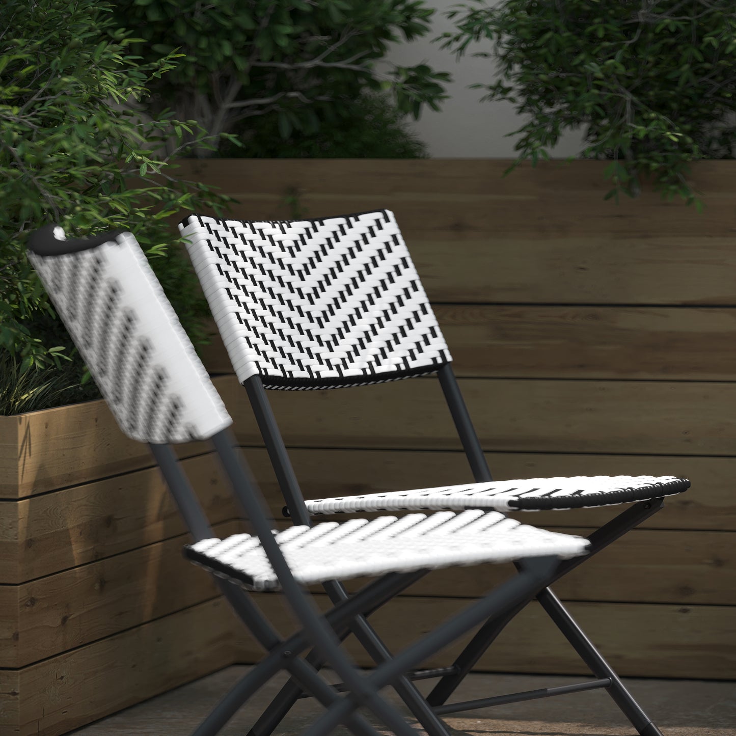 Rouen Set of 2 Commercial Grade Foldable Bistro Chairs, Indoor/Outdoor PE Rattan Back and Seat, Black/White with Black Steel Frames Black & White